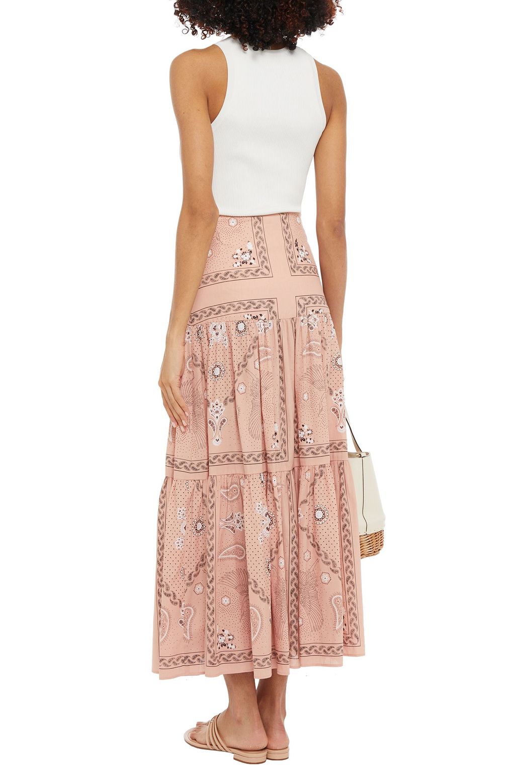 SANDRO Gaele gathered printed linen and cotton-blend maxi skirt
