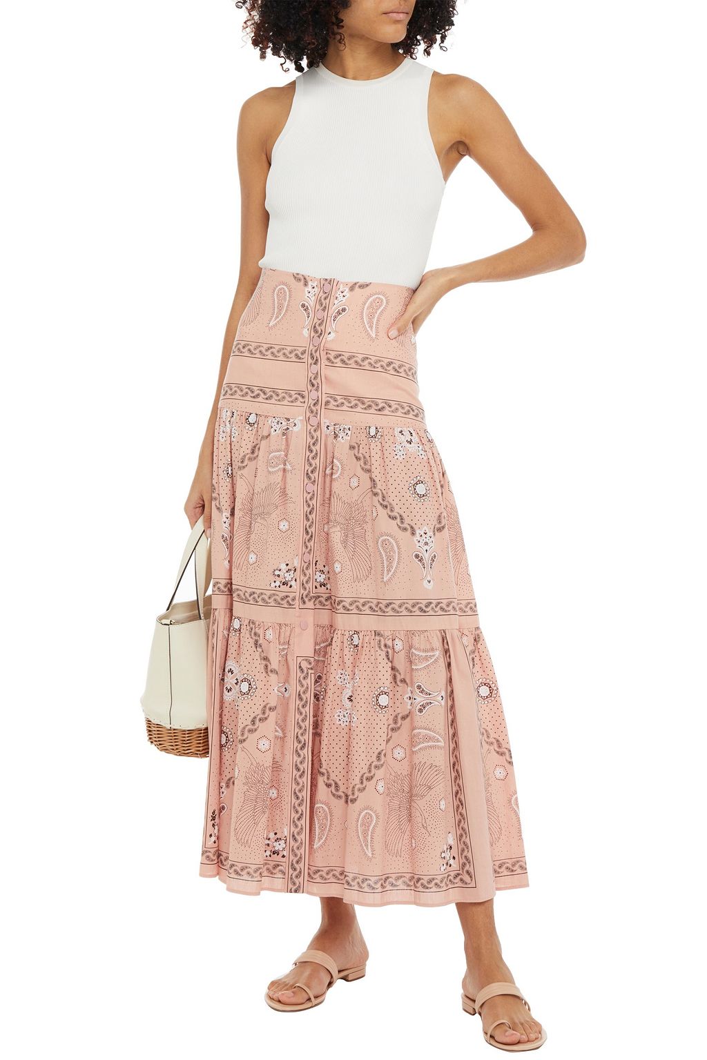 SANDRO Gaele gathered printed linen and cotton-blend maxi skirt