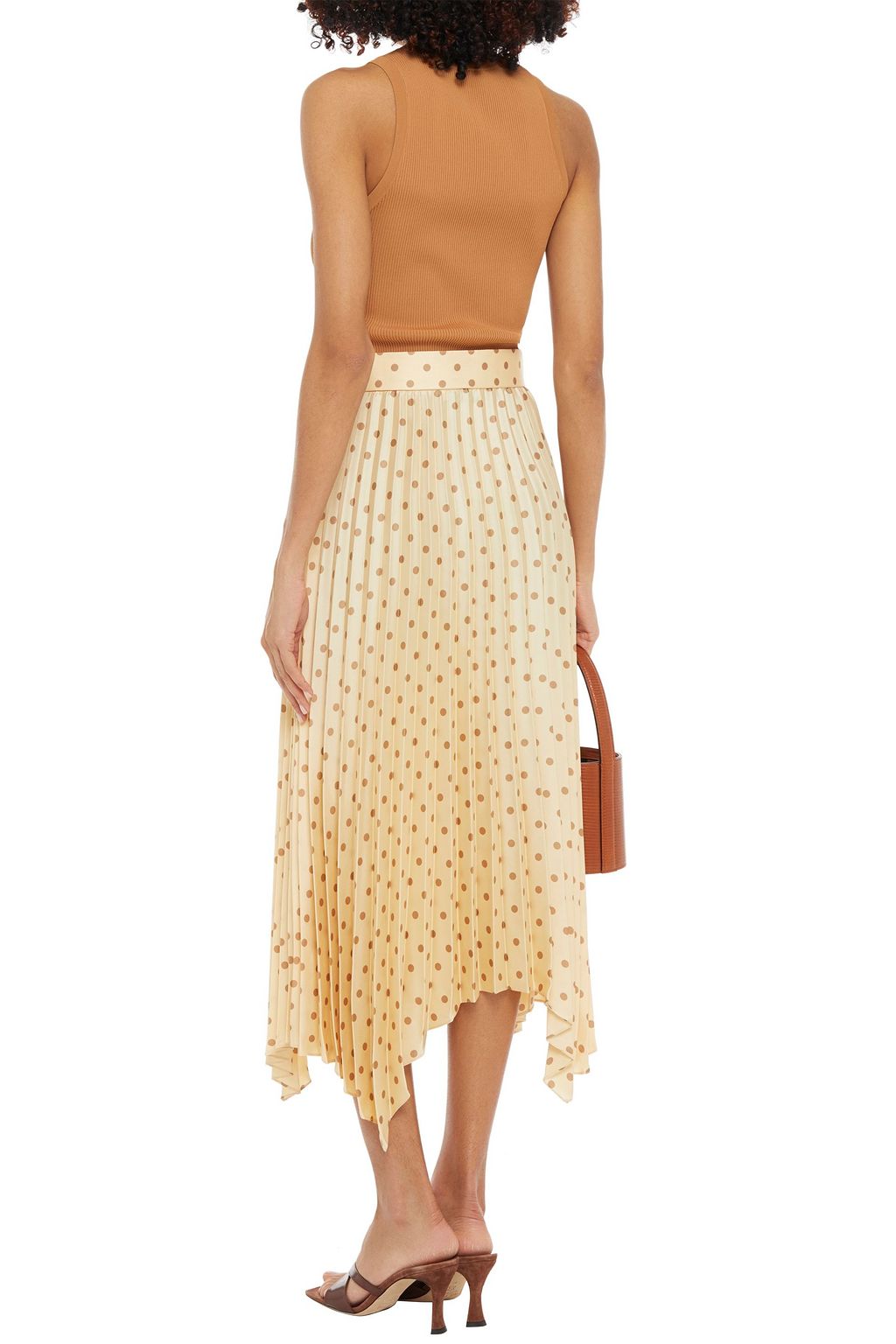 SANDRO Peas belted pleated polka-dot satin-twill midi skirt