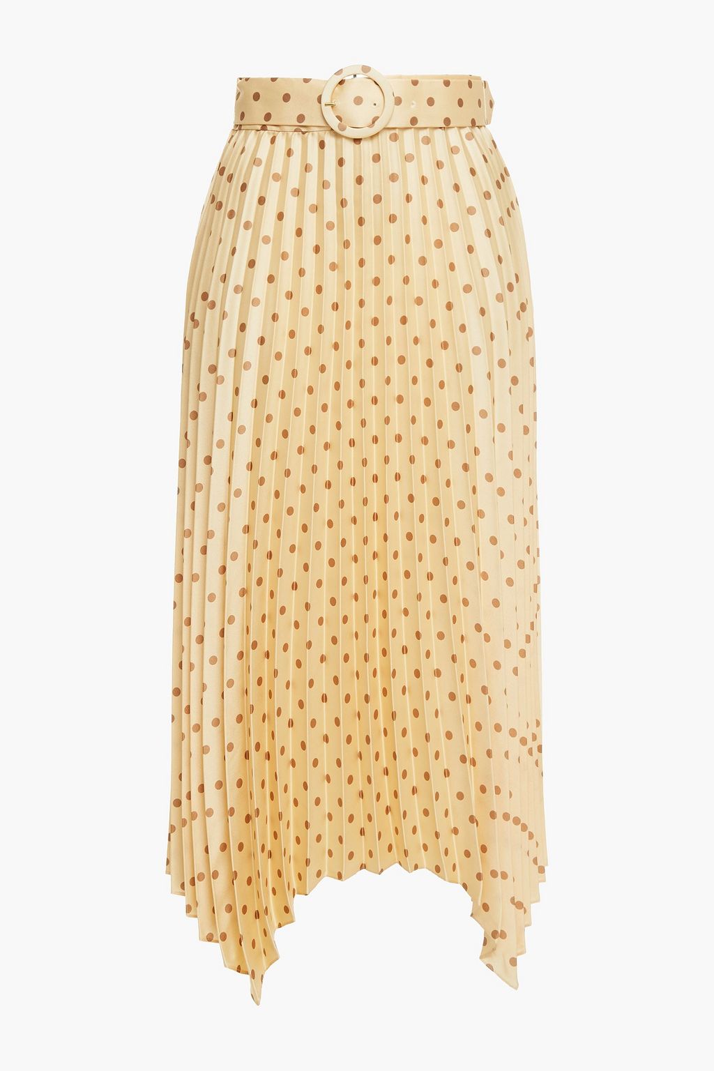 SANDRO Peas belted pleated polka-dot satin-twill midi skirt | THE OUTNET