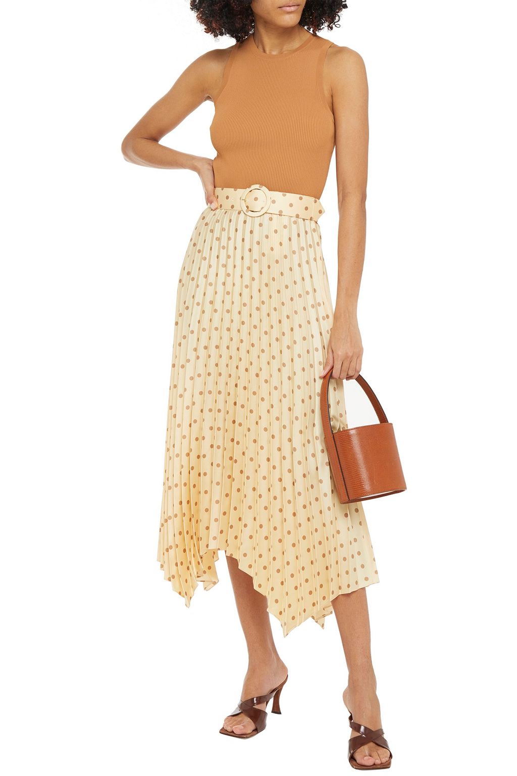 SANDRO Peas belted pleated polka-dot satin-twill midi skirt