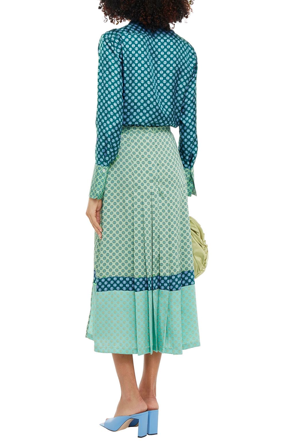 SANDRO Sabya pleated color-block printed satin-twill midi skirt