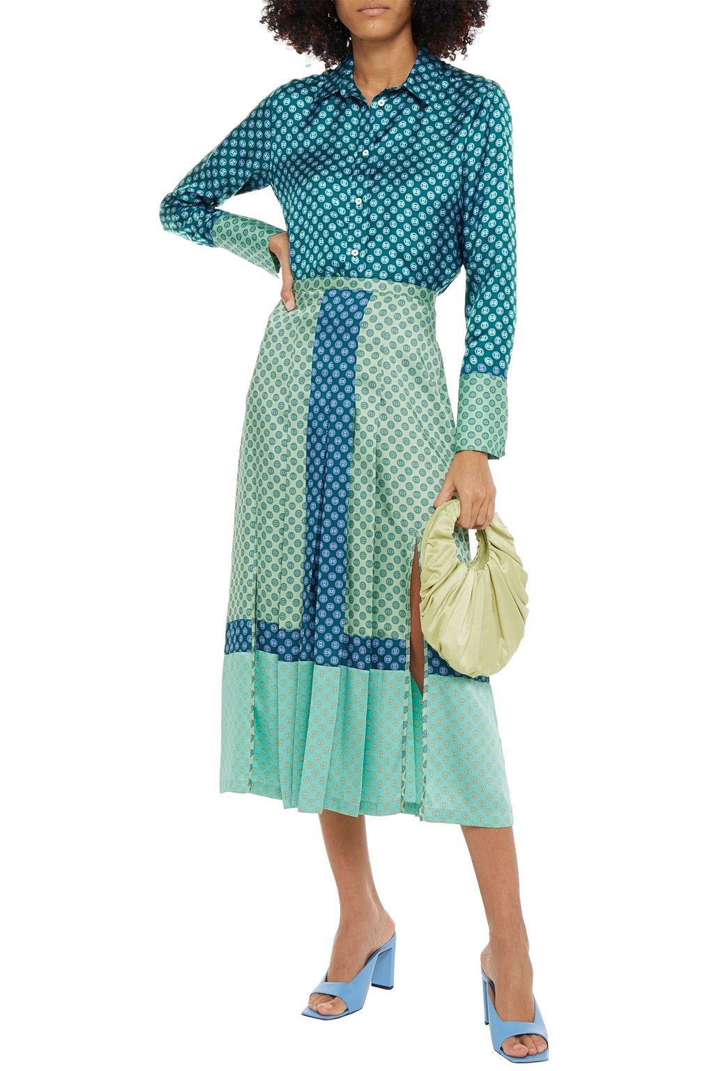 SANDRO Sabya pleated color-block printed satin-twill midi skirt