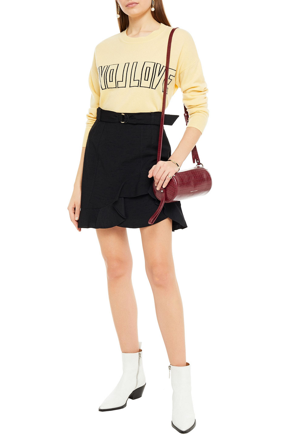 Sandro Amy Belted Ruffled Slub Woven Mini Skirt In Black