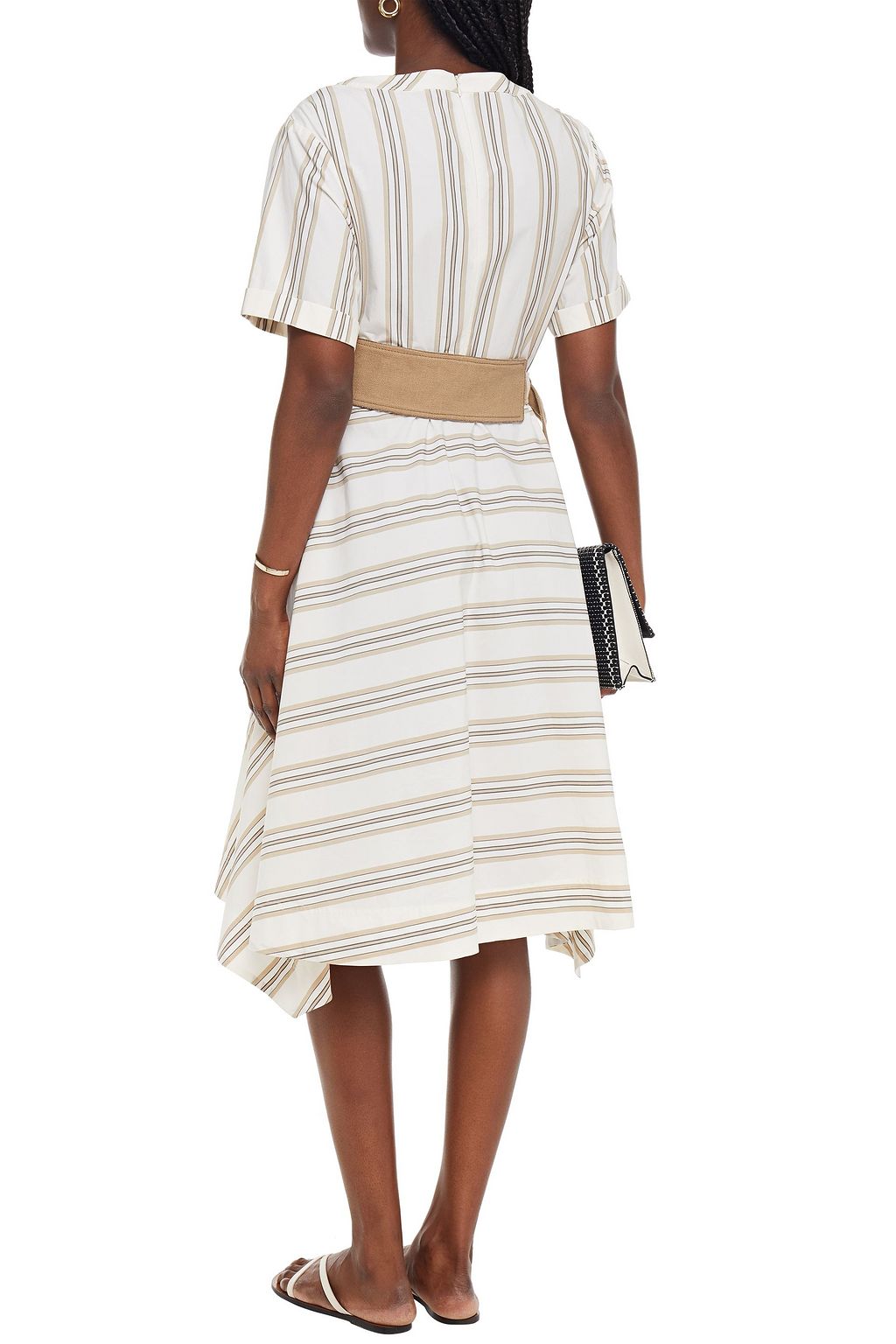 BRUNELLO CUCINELLI Belted bead-embellished striped cotton-poplin dress