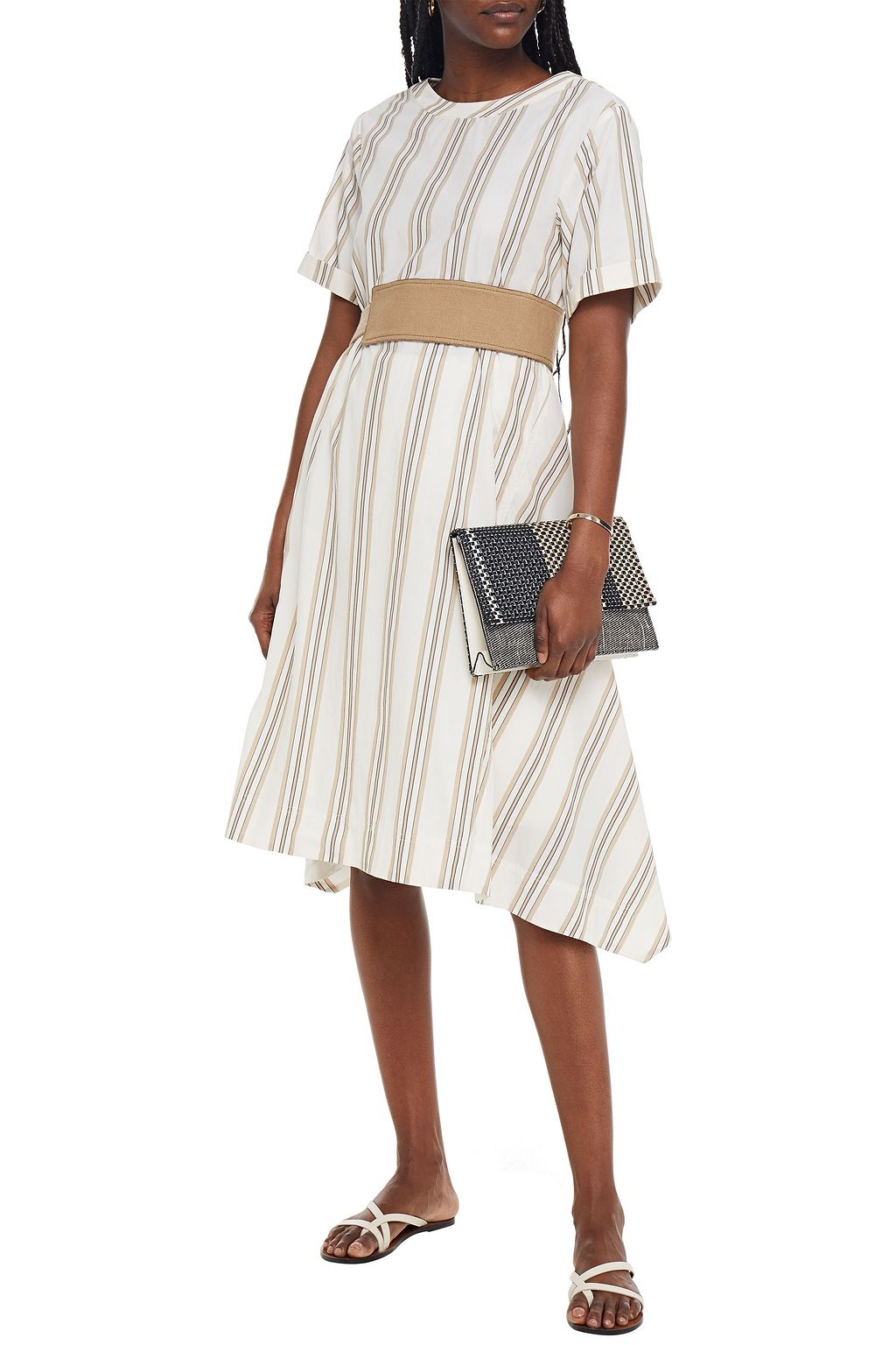 BRUNELLO CUCINELLI Belted bead-embellished striped cotton-poplin dress