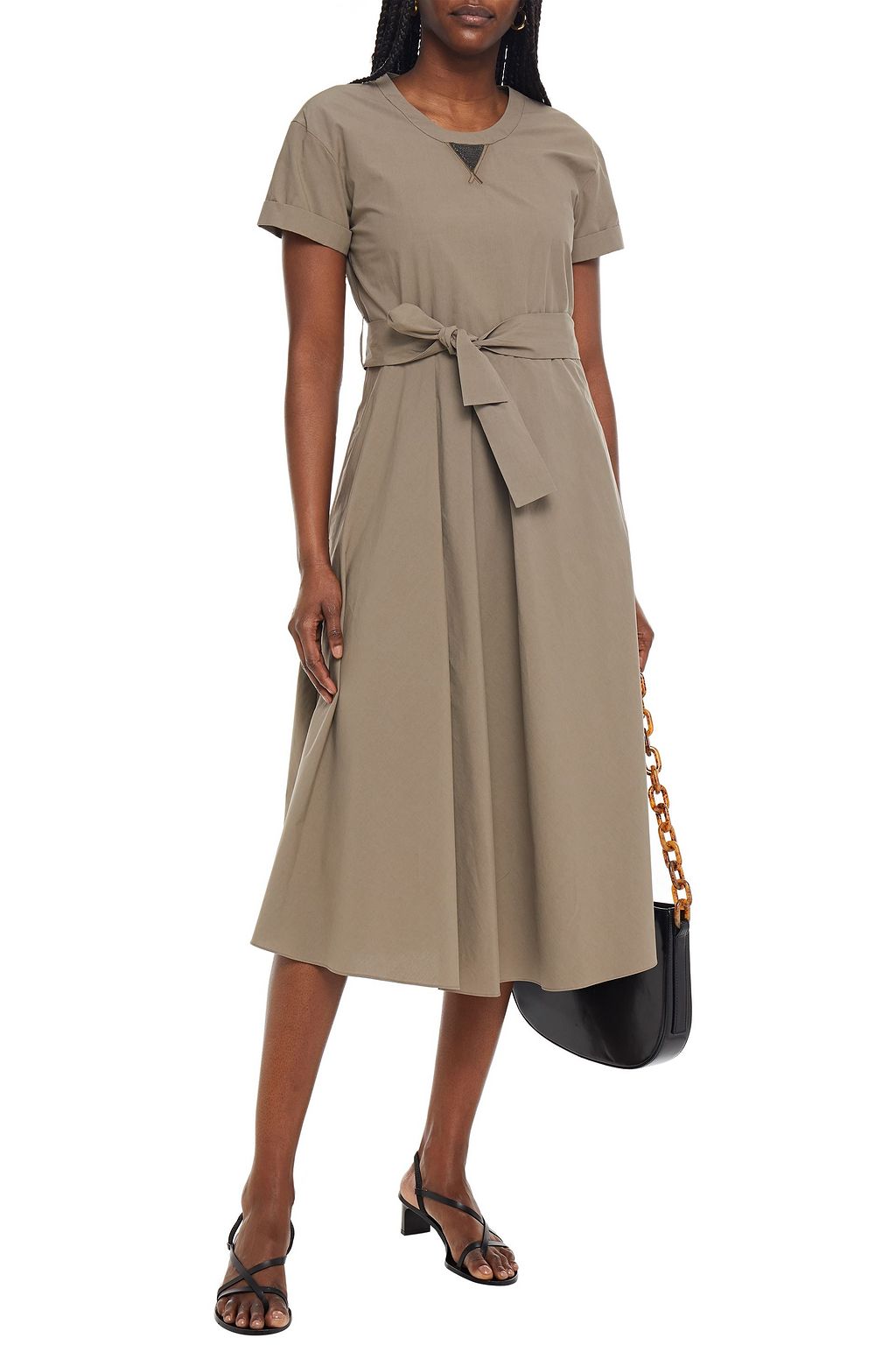 BRUNELLO CUCINELLI Verziertes Midikleid aus Baumwollpopeline mit Gürtel