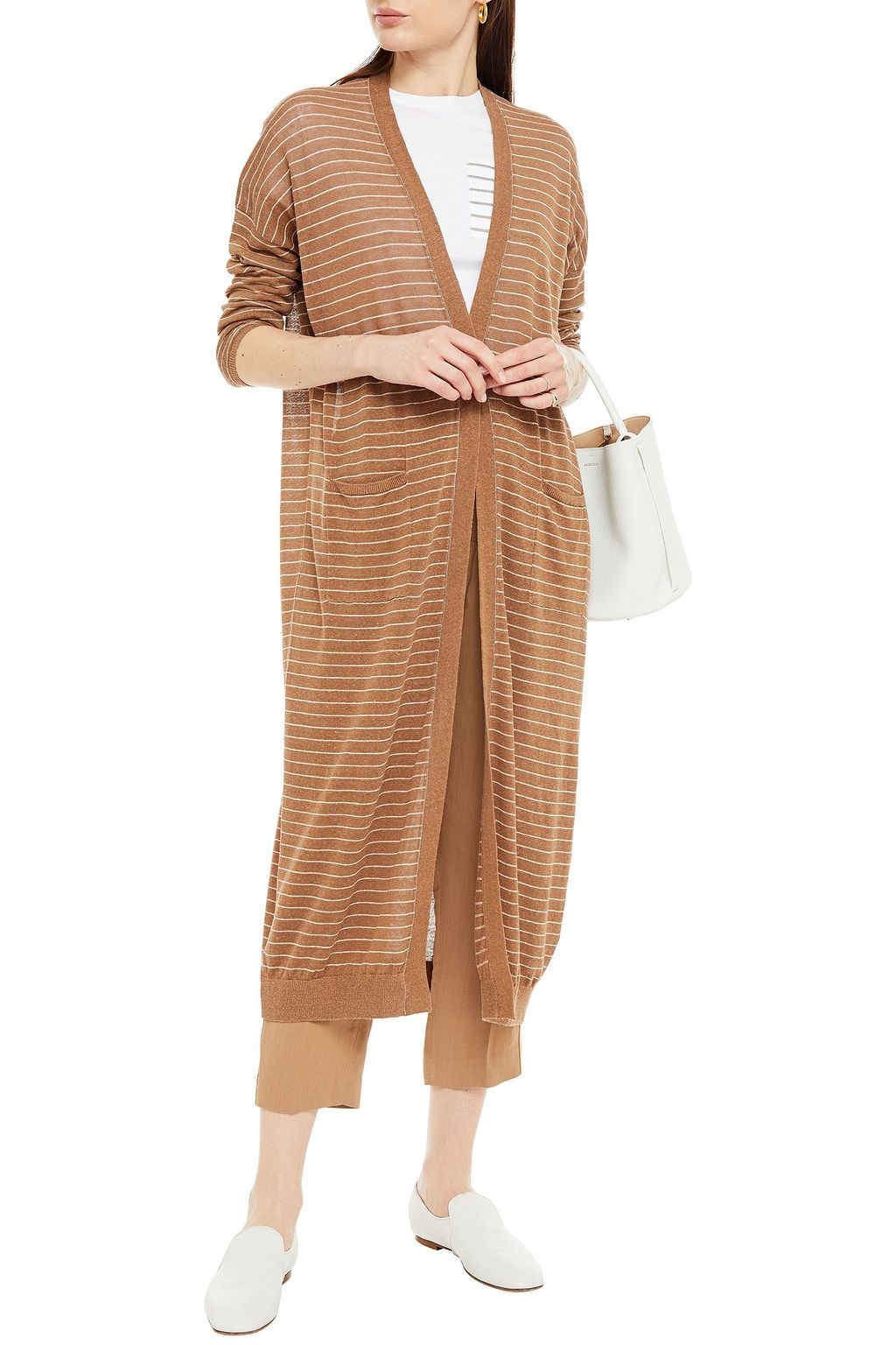 BRUNELLO CUCINELLI Bead-embellished striped linen-blend cardigan