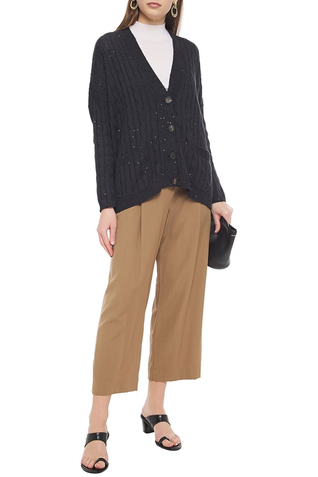 BRUNELLO CUCINELLI Cardigan aus einer Baumwoll-, Leinen- und Seidenmischung mit Zopfstrickmuster und Pailletten