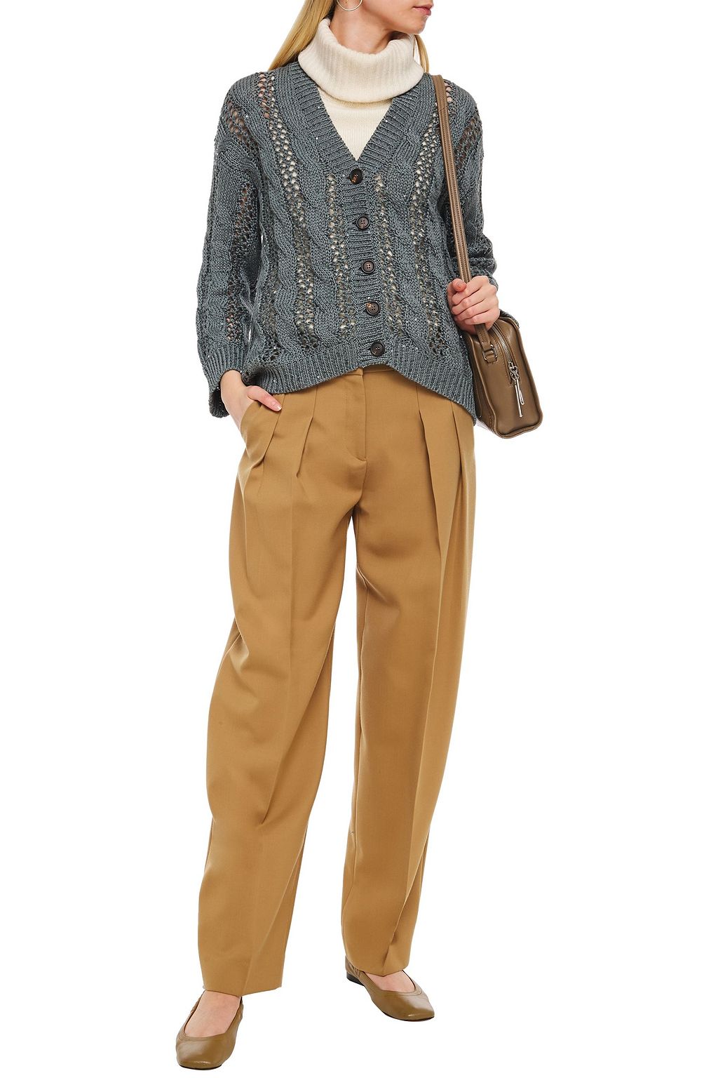 BRUNELLO CUCINELLI Embellished cable-knit cotton, linen and silk-blend cardigan