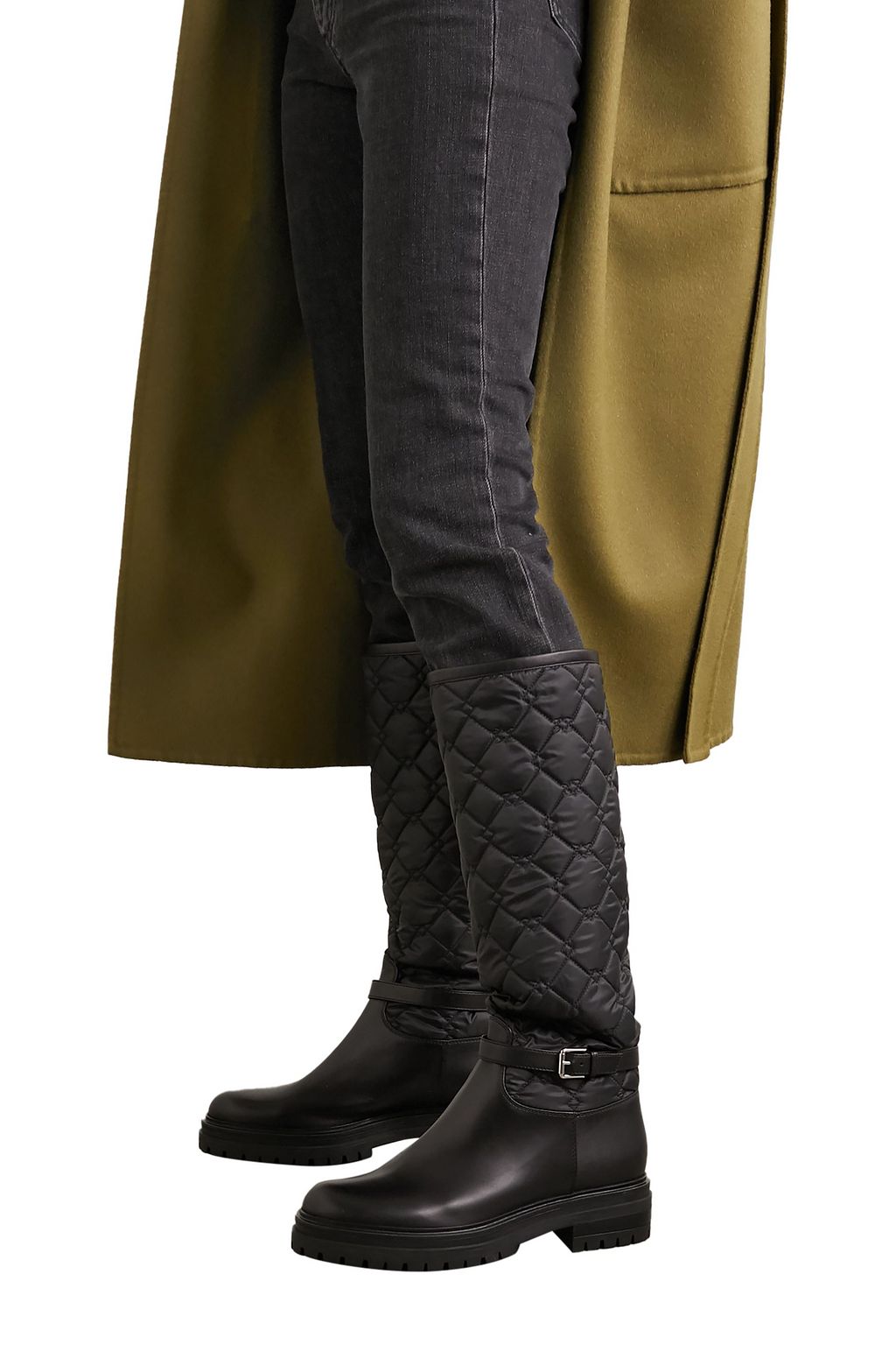 GIANVITO ROSSI Buckled leather and quilted shell knee boots