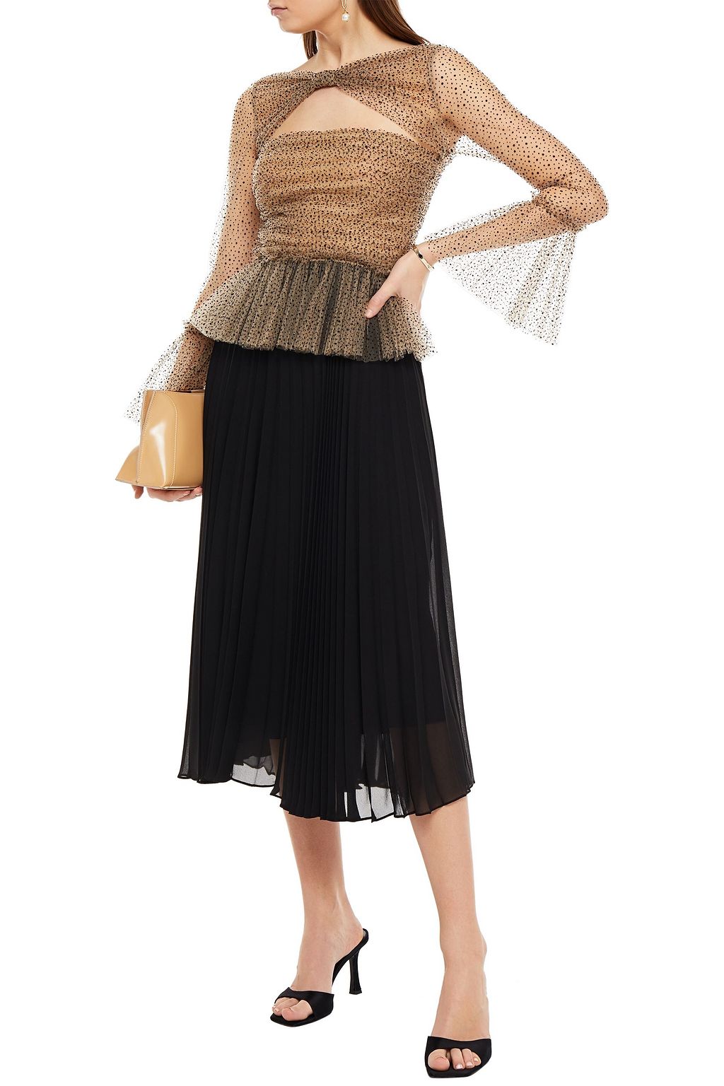 KHAITE Joey cutout flocked glittered tulle peplum blouse