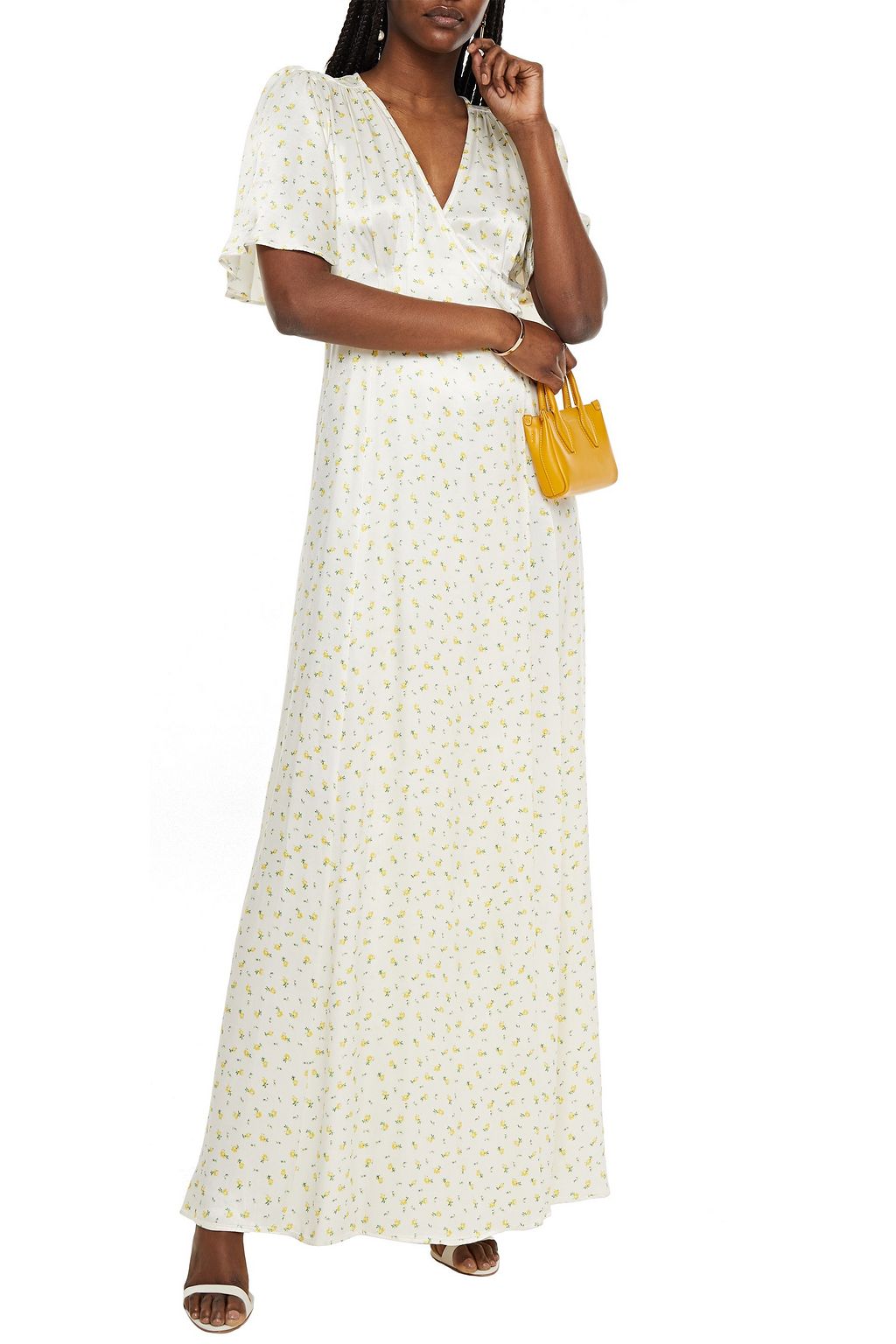 Ivory Perla gathered floral-print satin maxi wrap dress | Sale up to 70%  off | THE OUTNET | GHOST LONDON | THE OUTNET