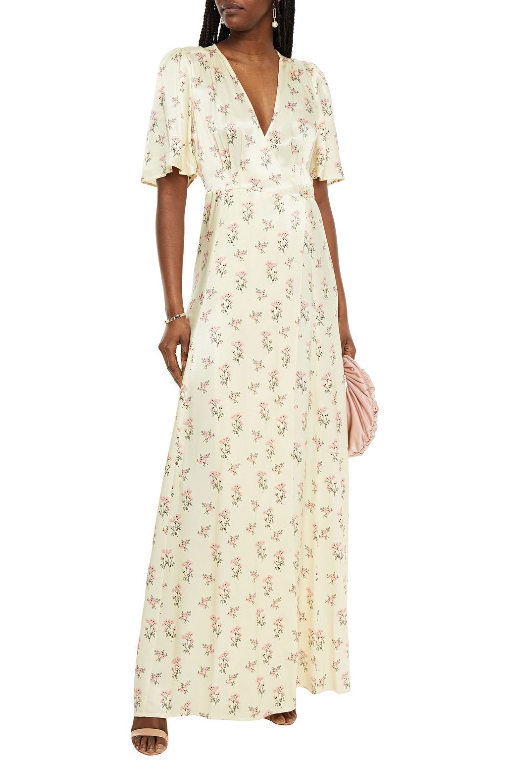 Ivory Perla gathered floral-print satin maxi wrap dress | Sale up to 70%  off | THE OUTNET | GHOST LONDON | THE OUTNET