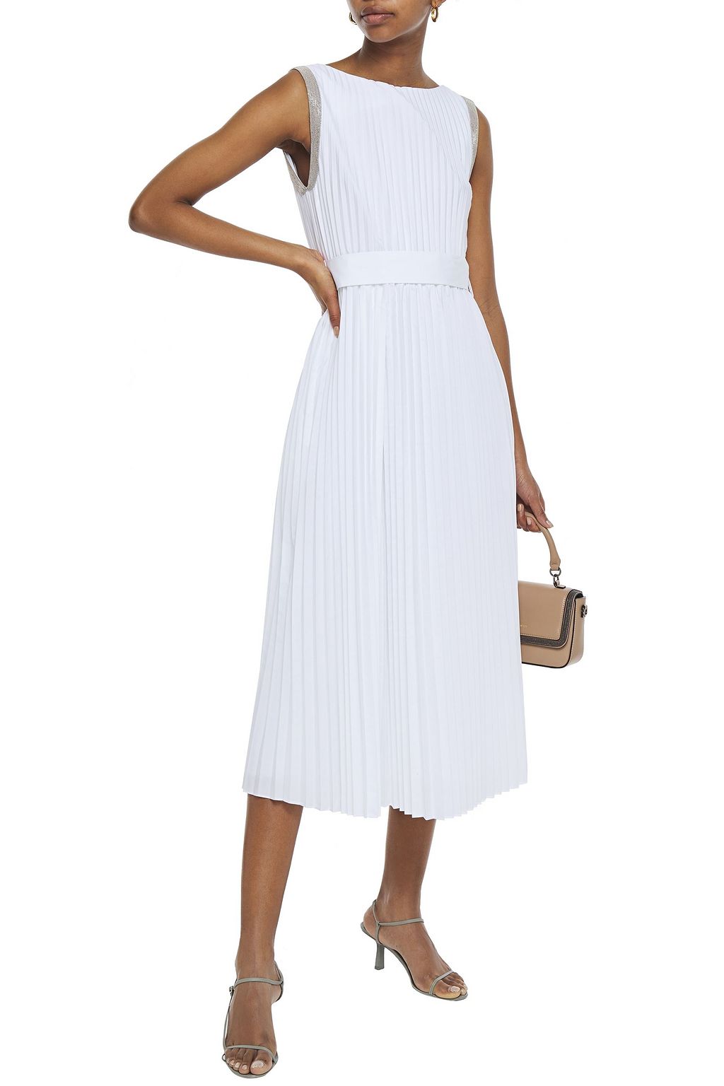 BRUNELLO CUCINELLI Bead-embellished pleated poplin midi dress
