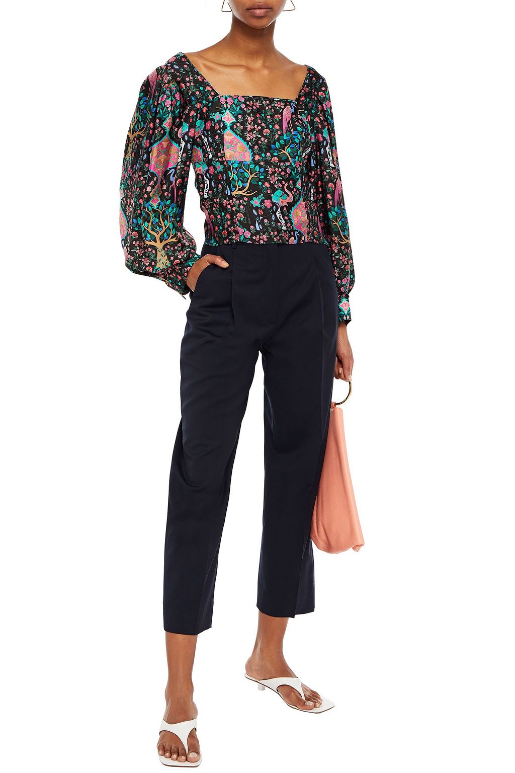 SANDRO Ivea cropped gathered printed silk-twill top