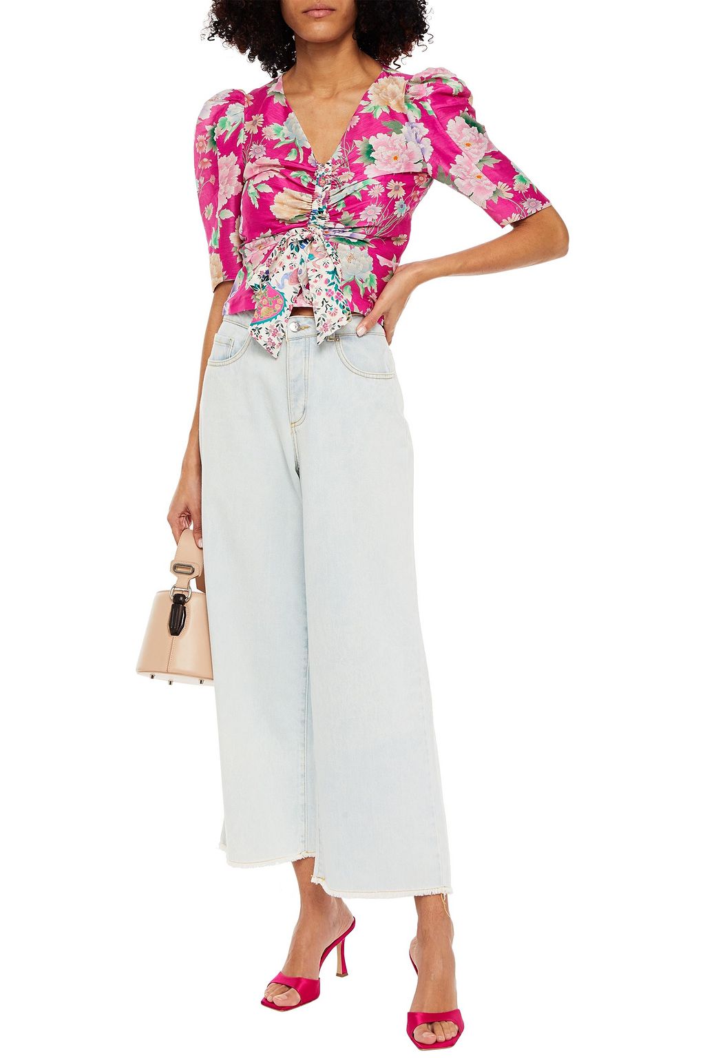 SANDRO Becky cropped floral-print linen and silk-blend shantung top