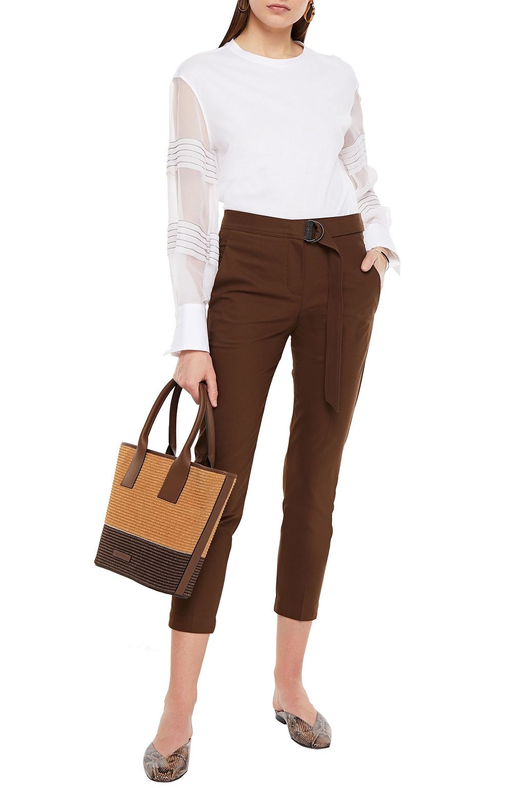 BRUNELLO CUCINELLI Oberteil aus Baumwoll-Jersey und Seidenorganza mit Biesen und Zierperlen