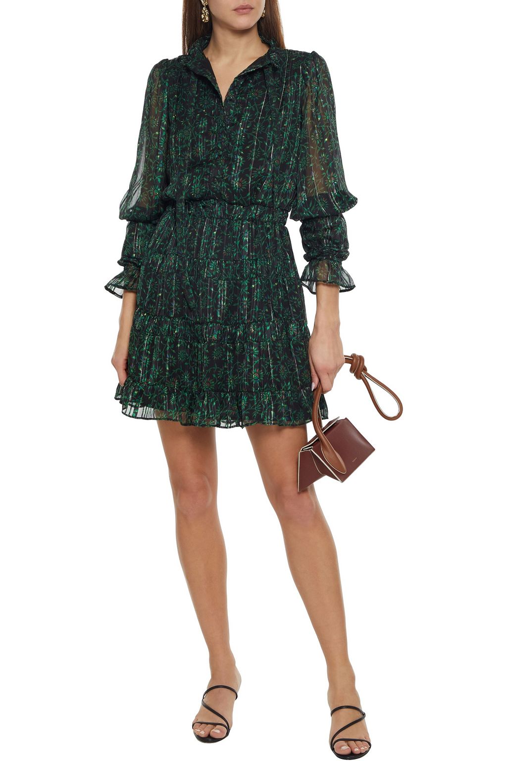 WALTER BAKER Tezza gathered floral-print metallic chiffon mini dress