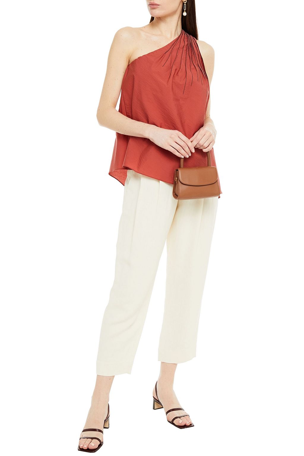 BRUNELLO CUCINELLI One-shoulder bead-embellished cotton-blend poplin top