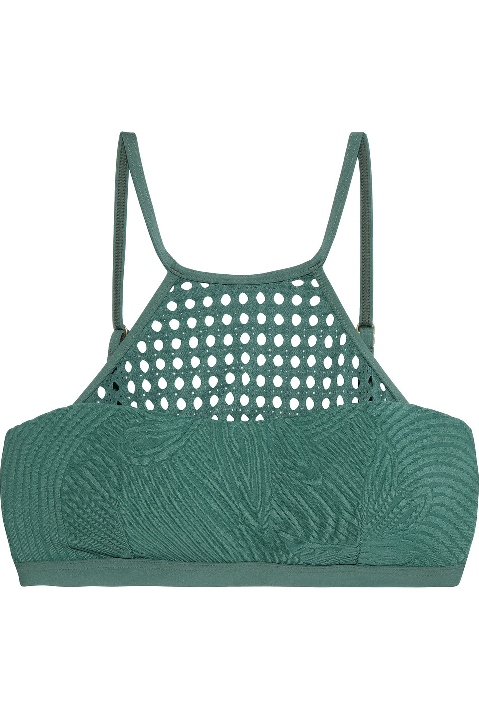Jets Australia By Jessika Allen Woman Serenity Open Knit-trimmed Stretch-jacquard Bikini Top Grey Green Size 14