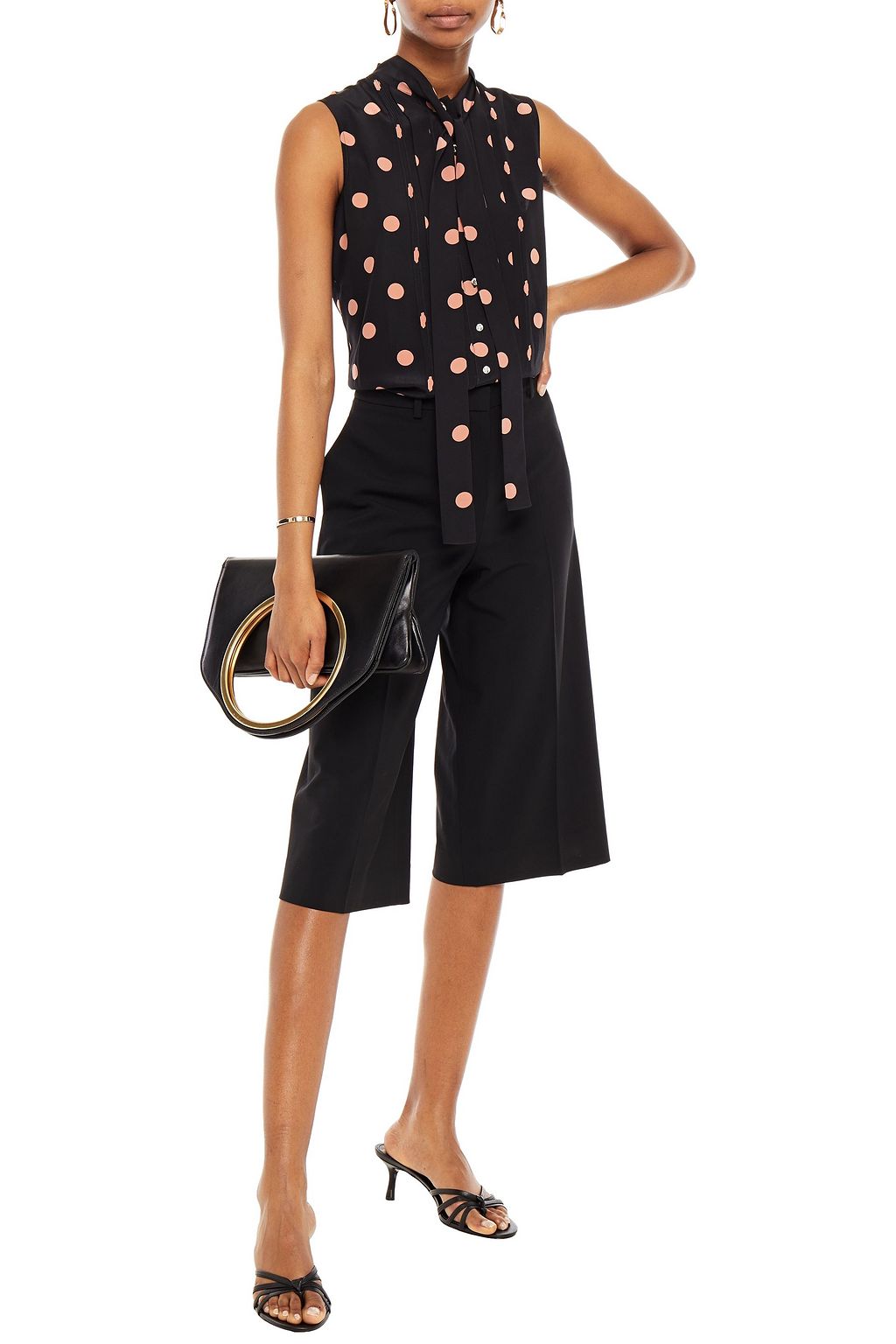 TORY BURCH Tie-neck embellished polka-dot silk crepe de chine top
