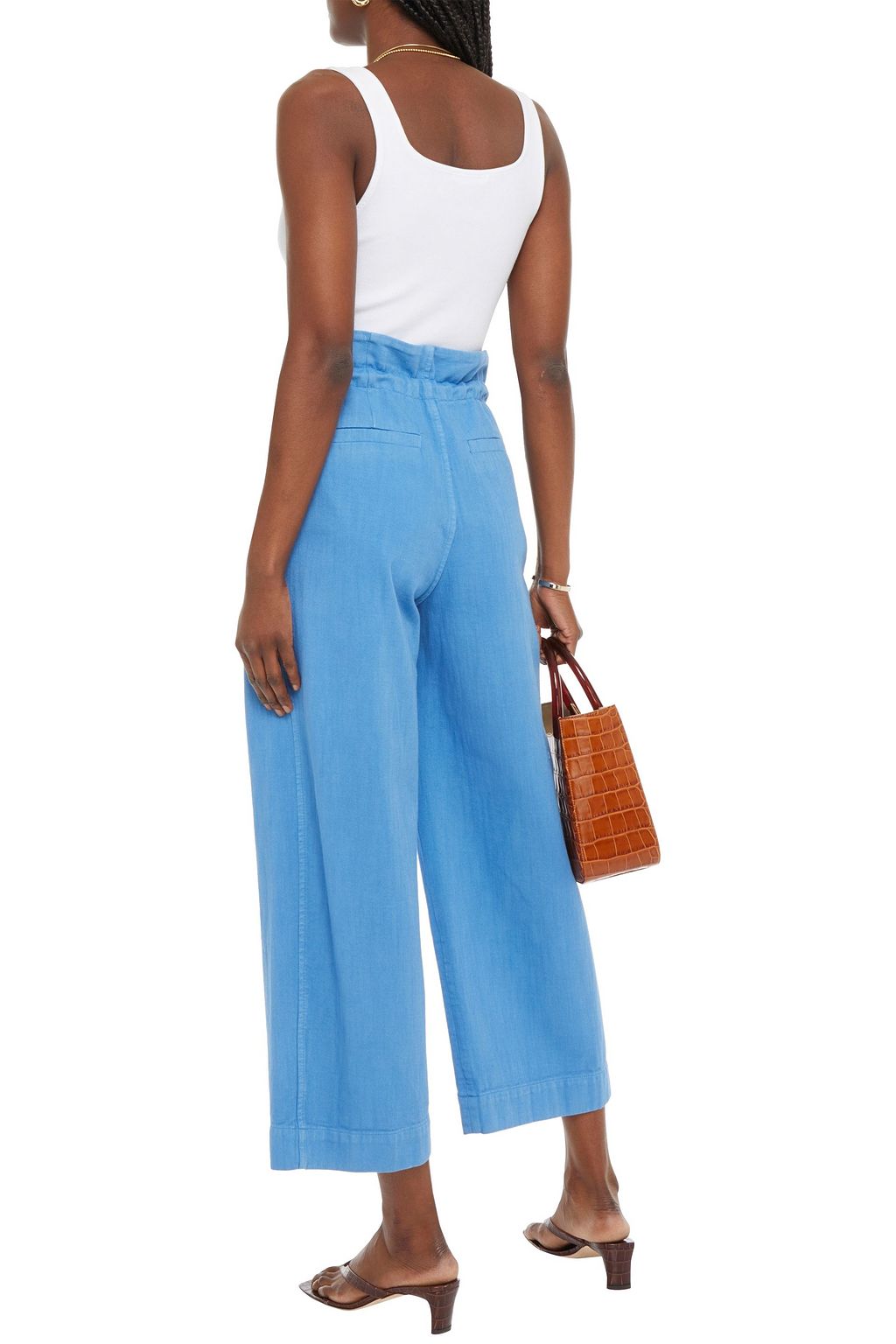 BRUNELLO CUCINELLI Cropped leather-trimmed faded high-rise wide-leg jeans
