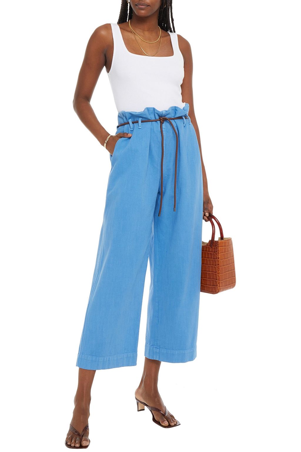BRUNELLO CUCINELLI Cropped leather-trimmed faded high-rise wide-leg jeans