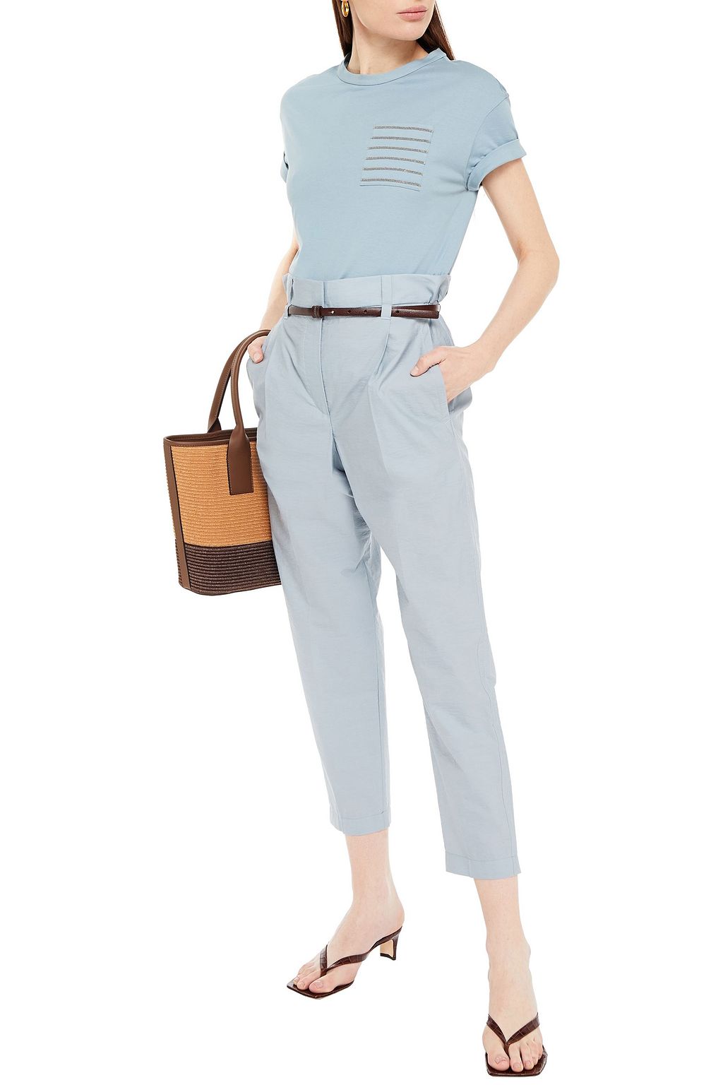 BRUNELLO CUCINELLI Belted crinkled cotton-blend tapered pants