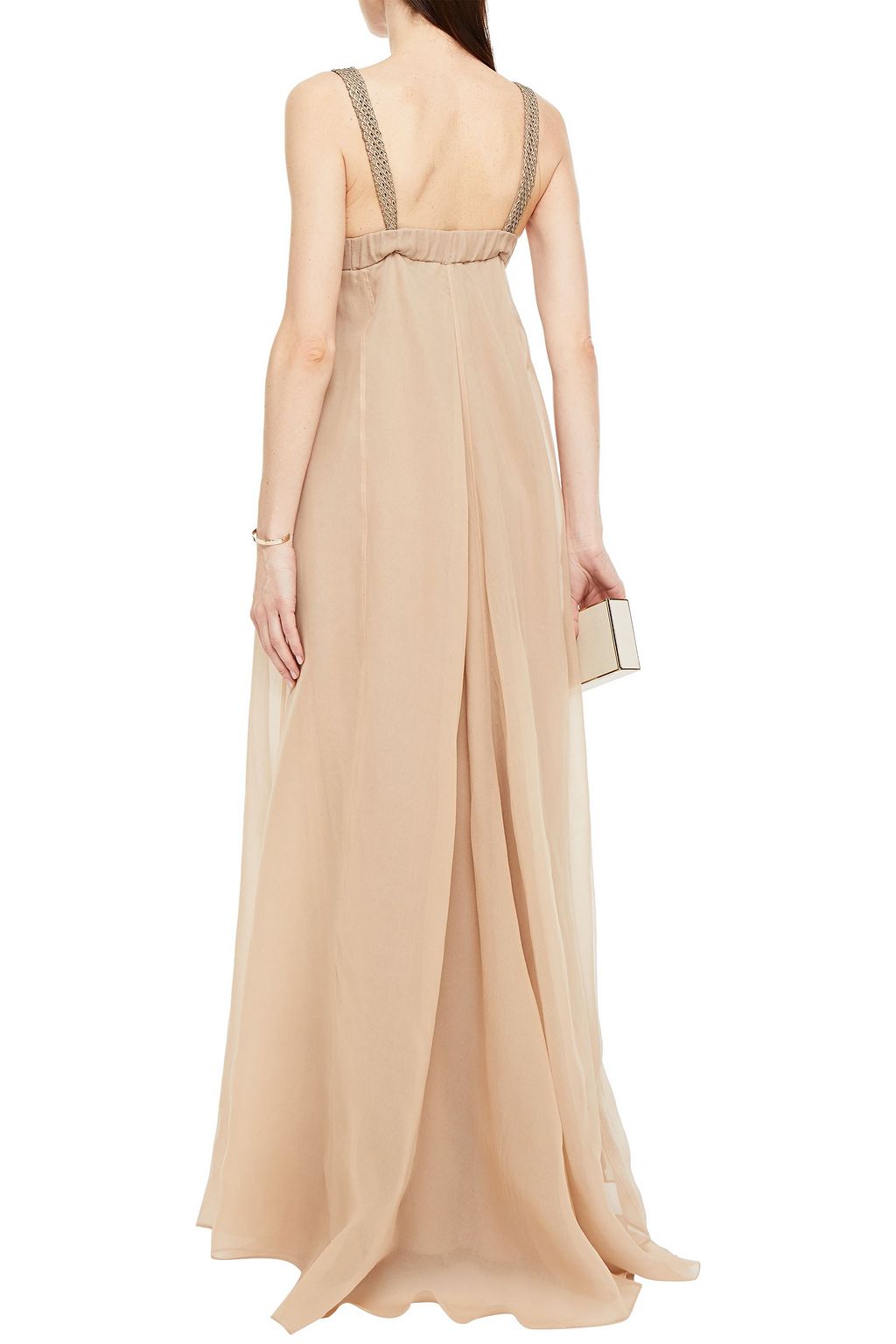 BRUNELLO CUCINELLI Bead-embellished laser-cut leather and silk-organza gown