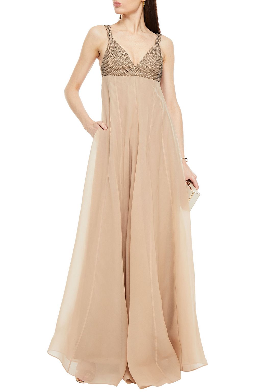 BRUNELLO CUCINELLI Bead-embellished laser-cut leather and silk-organza gown