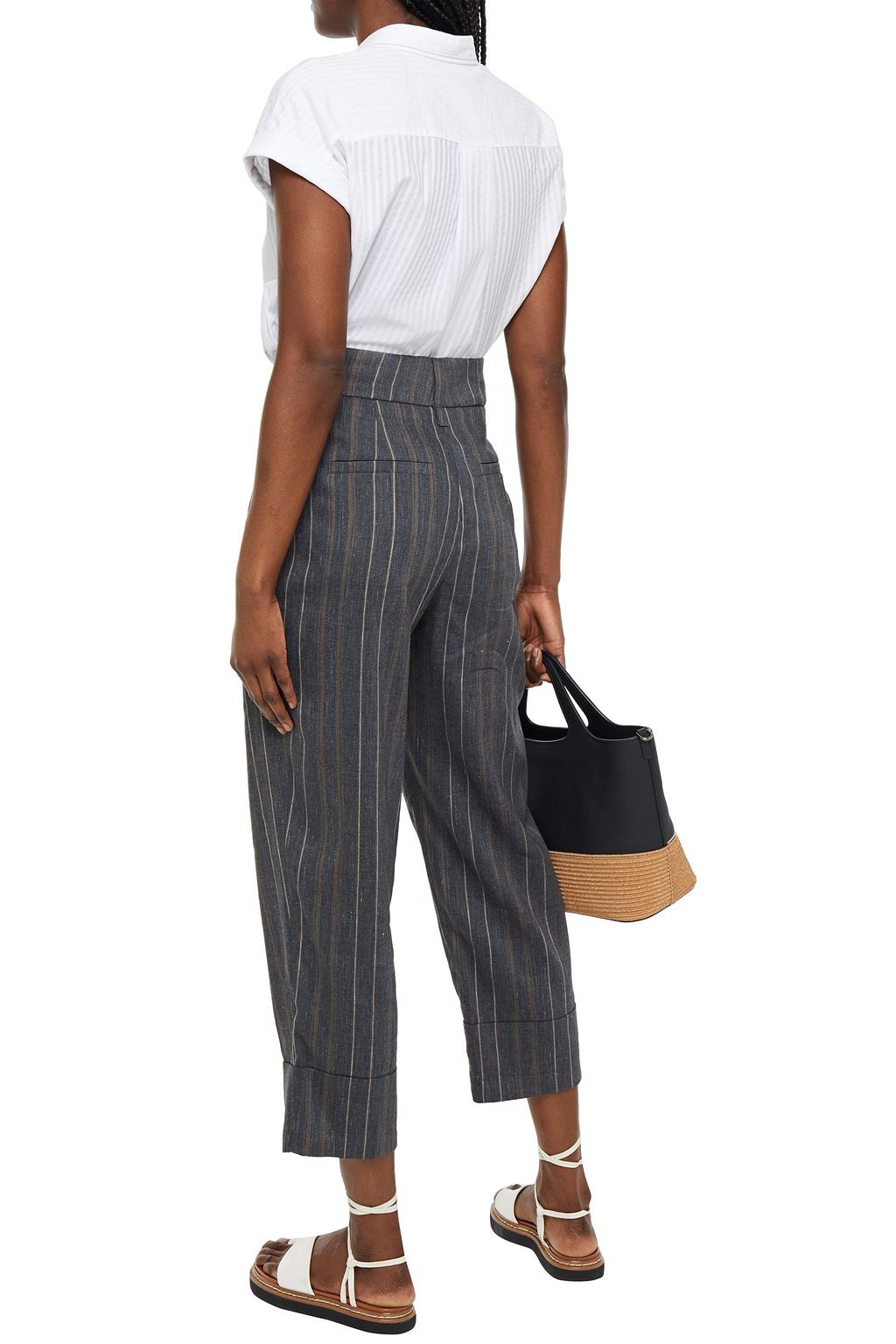 BRUNELLO CUCINELLI Cropped Hose mit geradem Bein aus einer Leinenmischung mit Streifen und Falten