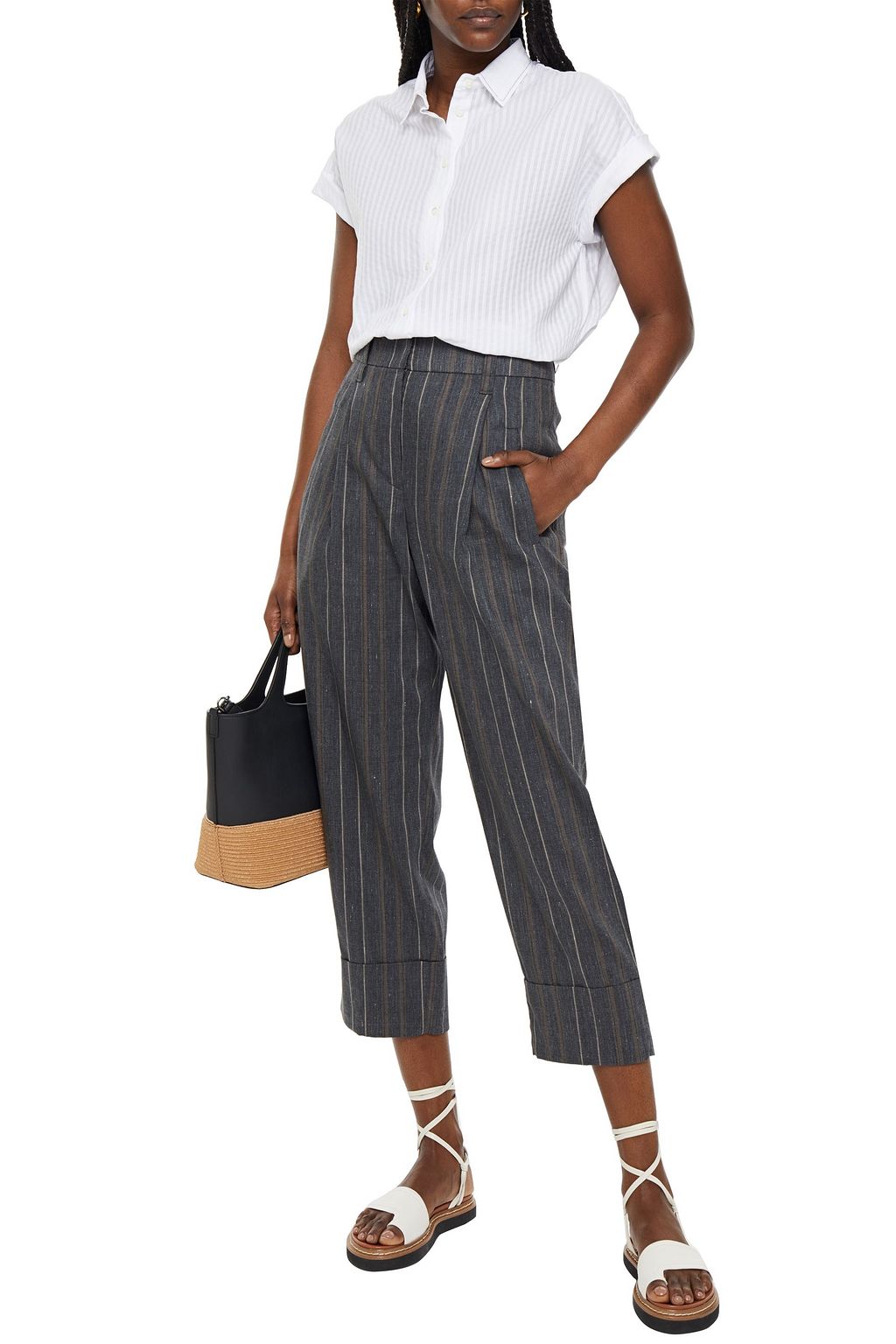 BRUNELLO CUCINELLI Cropped Hose mit geradem Bein aus einer Leinenmischung mit Streifen und Falten