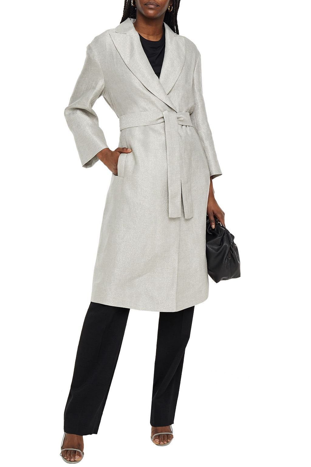 BRUNELLO CUCINELLI Belted bead-embellished metallic linen-blend coat