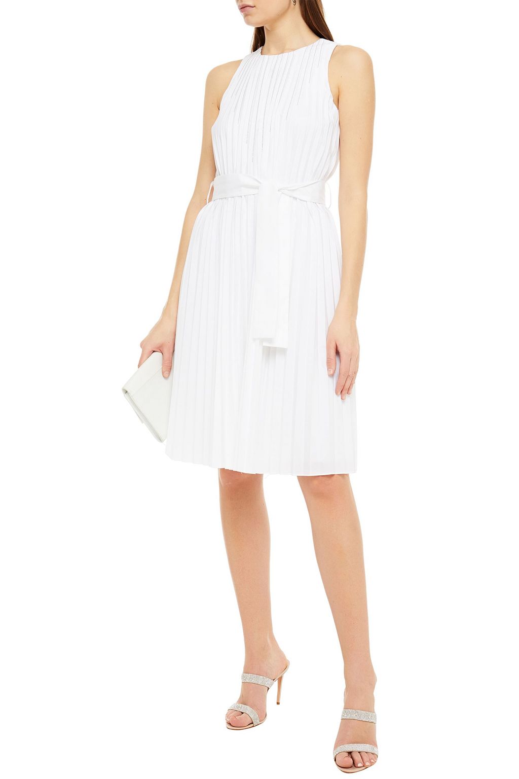 BRUNELLO CUCINELLI Belted bead-embellished pleated poplin dress