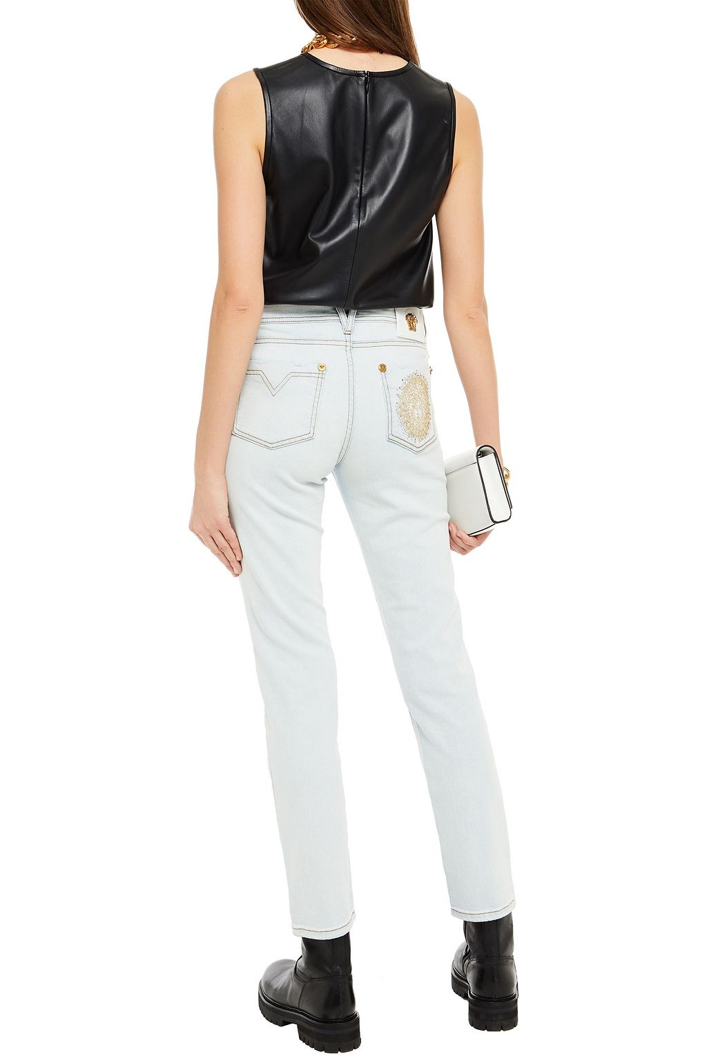 VERSACE Embellished mid-rise straight-leg jeans