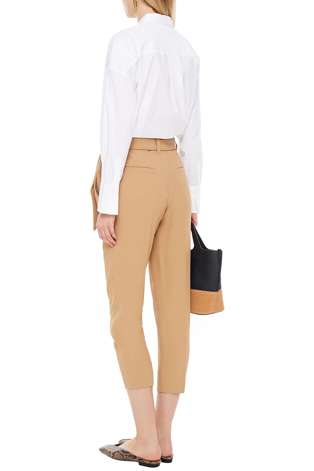 BRUNELLO CUCINELLI Cropped belted bead-embellished crepe tapered pants