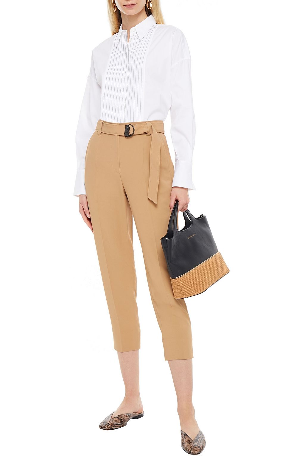 BRUNELLO CUCINELLI Cropped belted bead-embellished crepe tapered pants