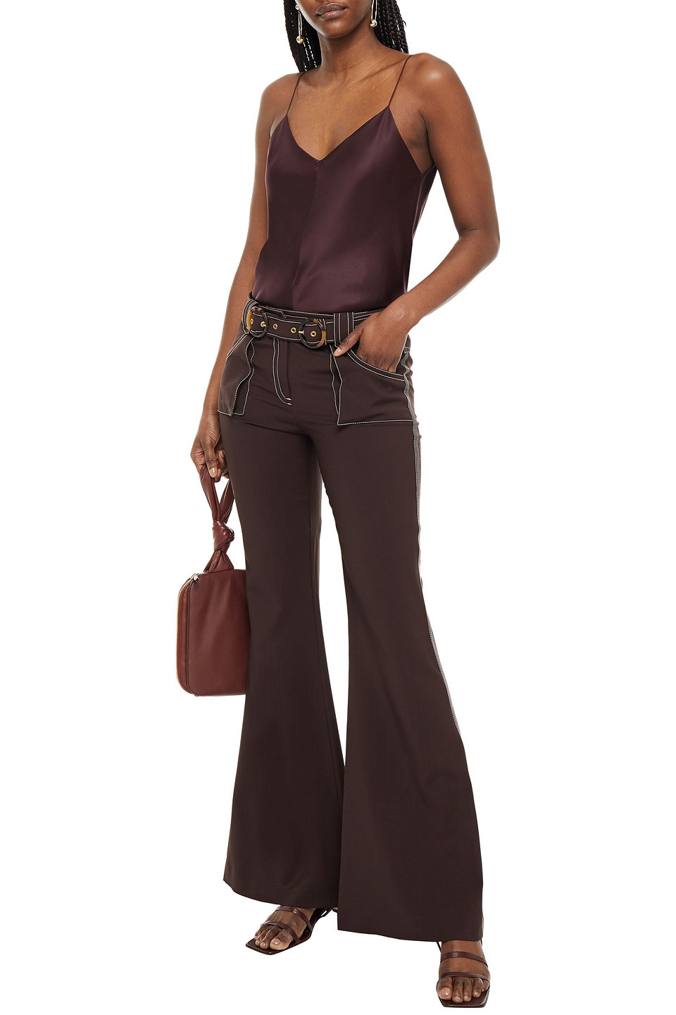 Zimmermann Belted Wool Flared Trousers In Chocolate