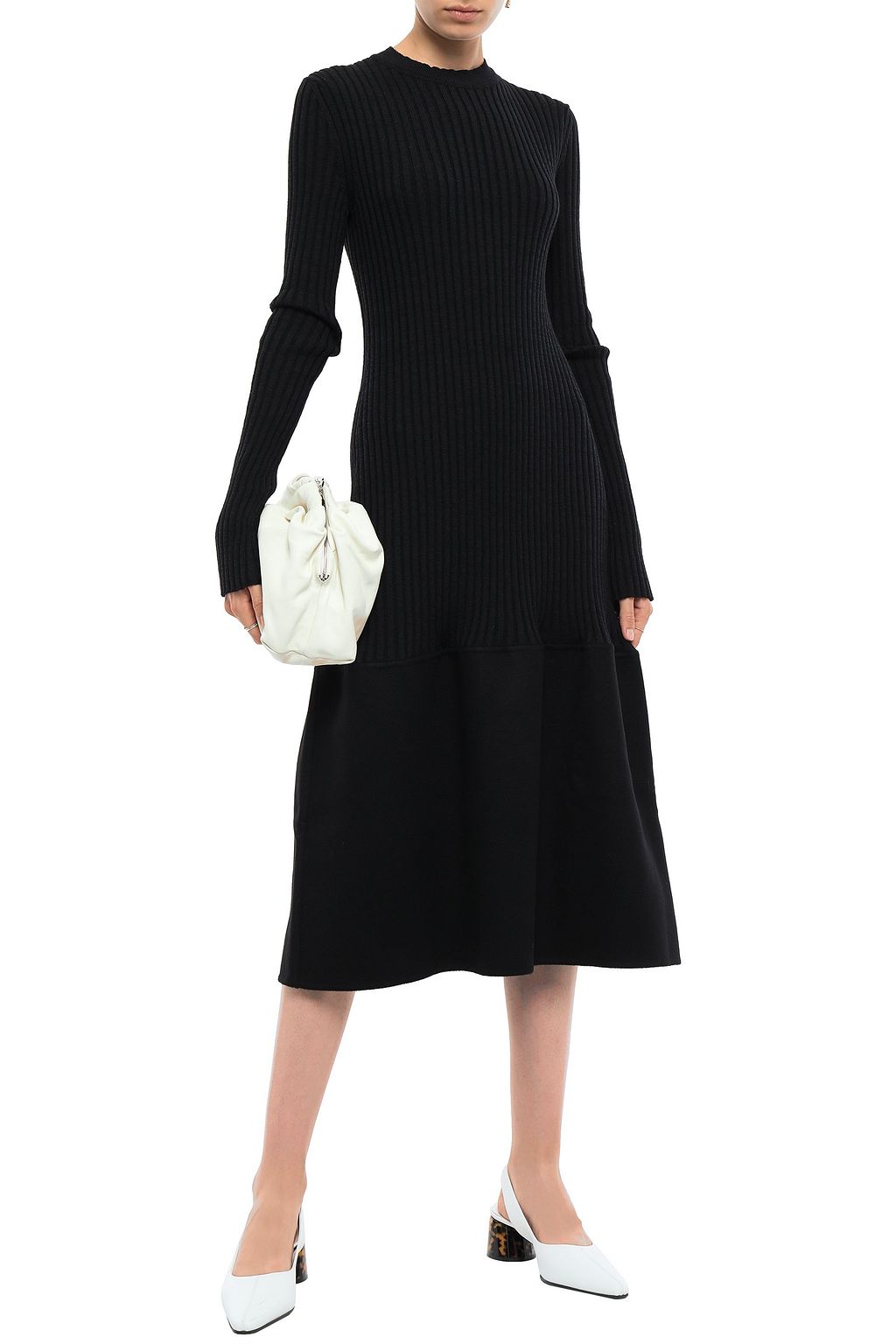 JIL SANDER Felt-paneled flared ribbed cashmere midi dress