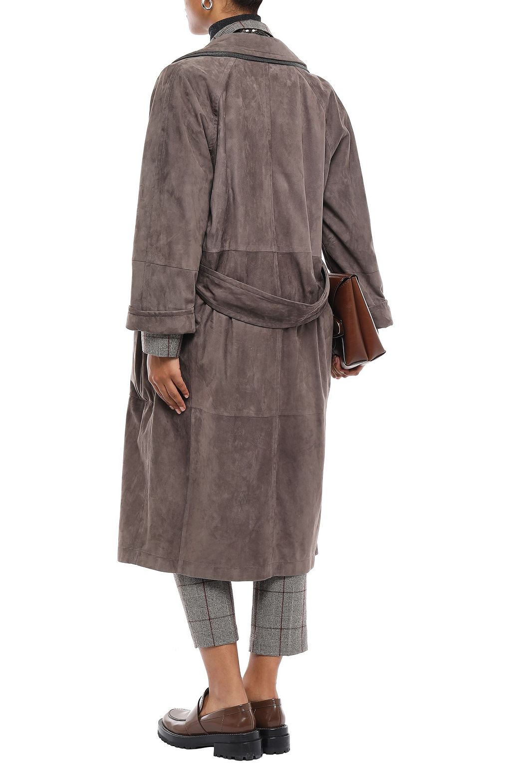BRUNELLO CUCINELLI Belted bead-embellished suede trench coat