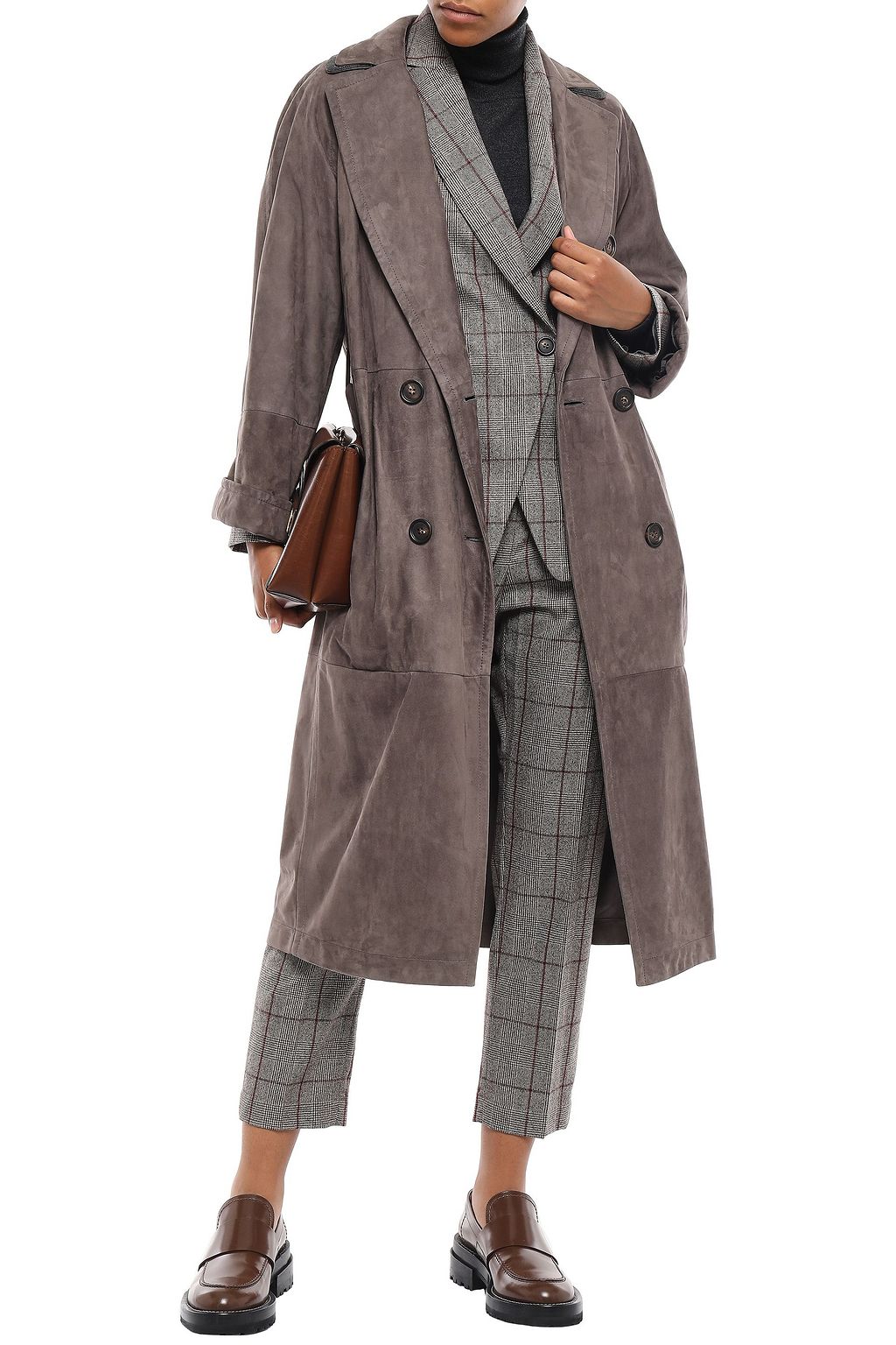 BRUNELLO CUCINELLI Belted bead-embellished suede trench coat
