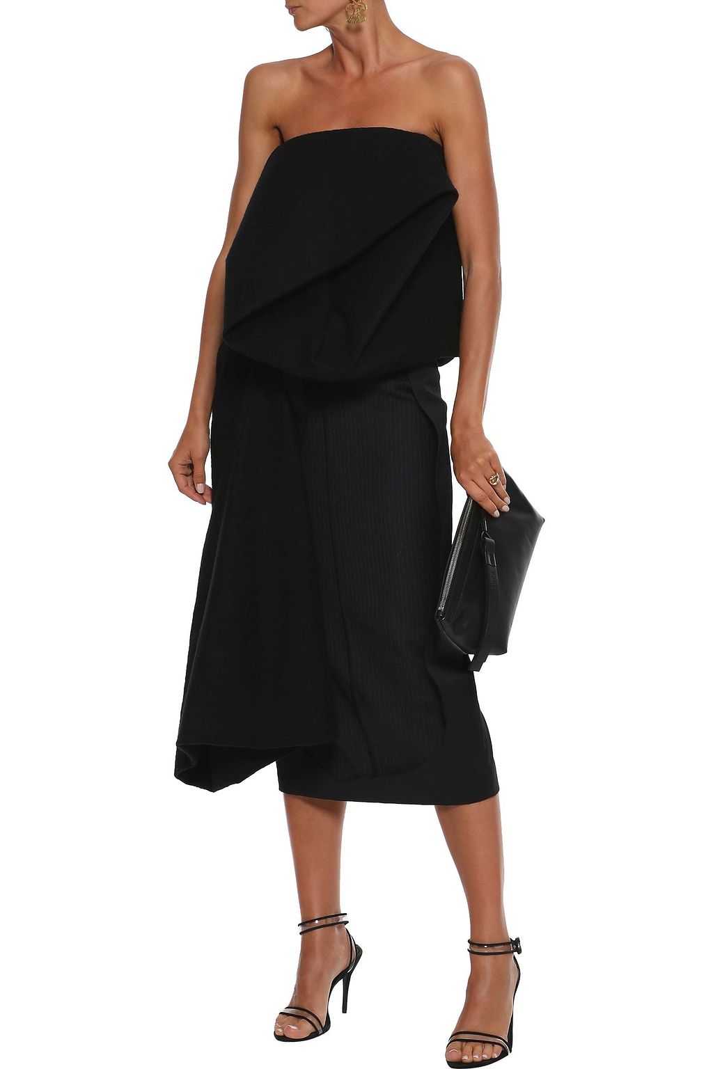 RICK OWENS Strapless gathered draped camel hair and linen-blend top