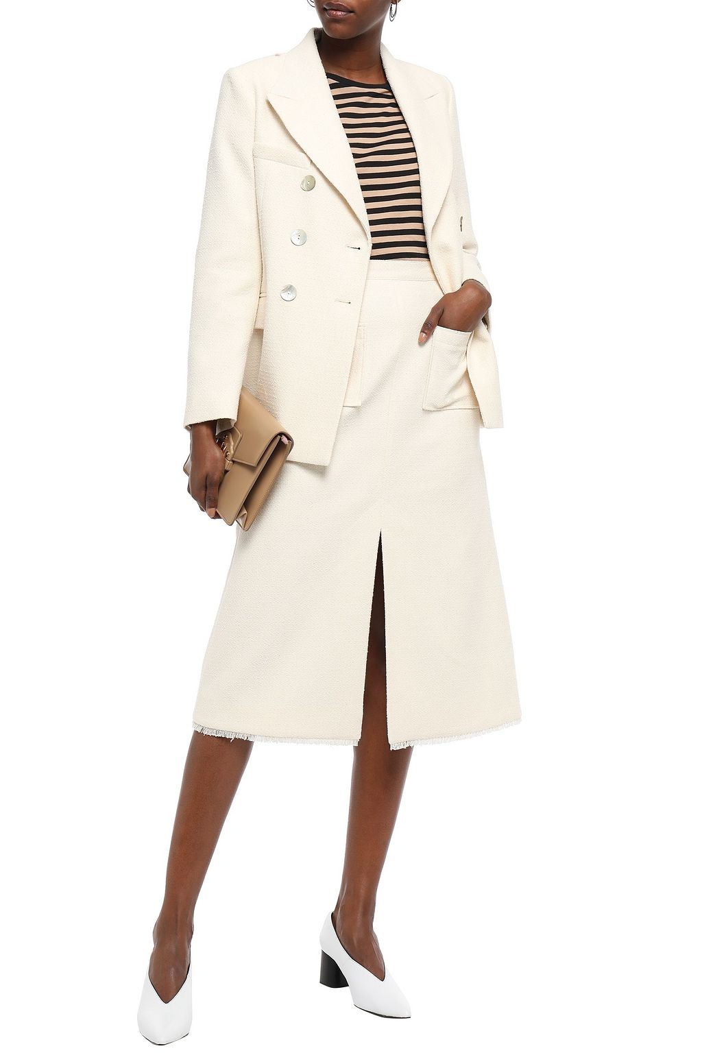 ALEXACHUNG Flared frayed bouclé-tweed skirt