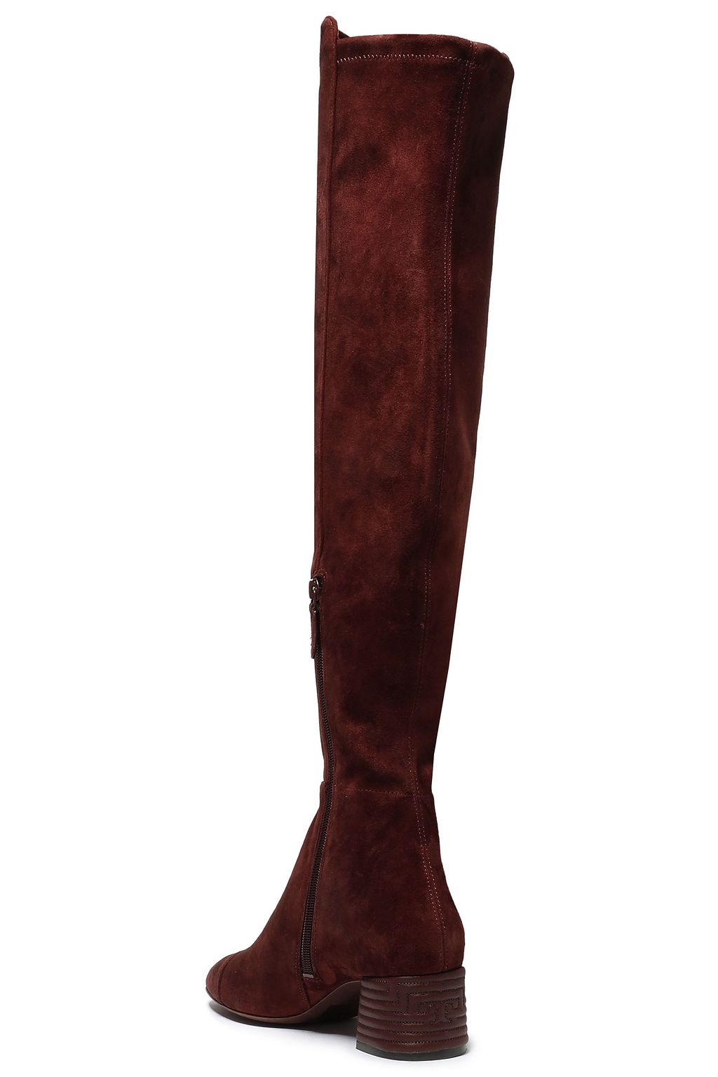TORY BURCH Embroidered leather-paneled stretch-suede over-the-knee boots