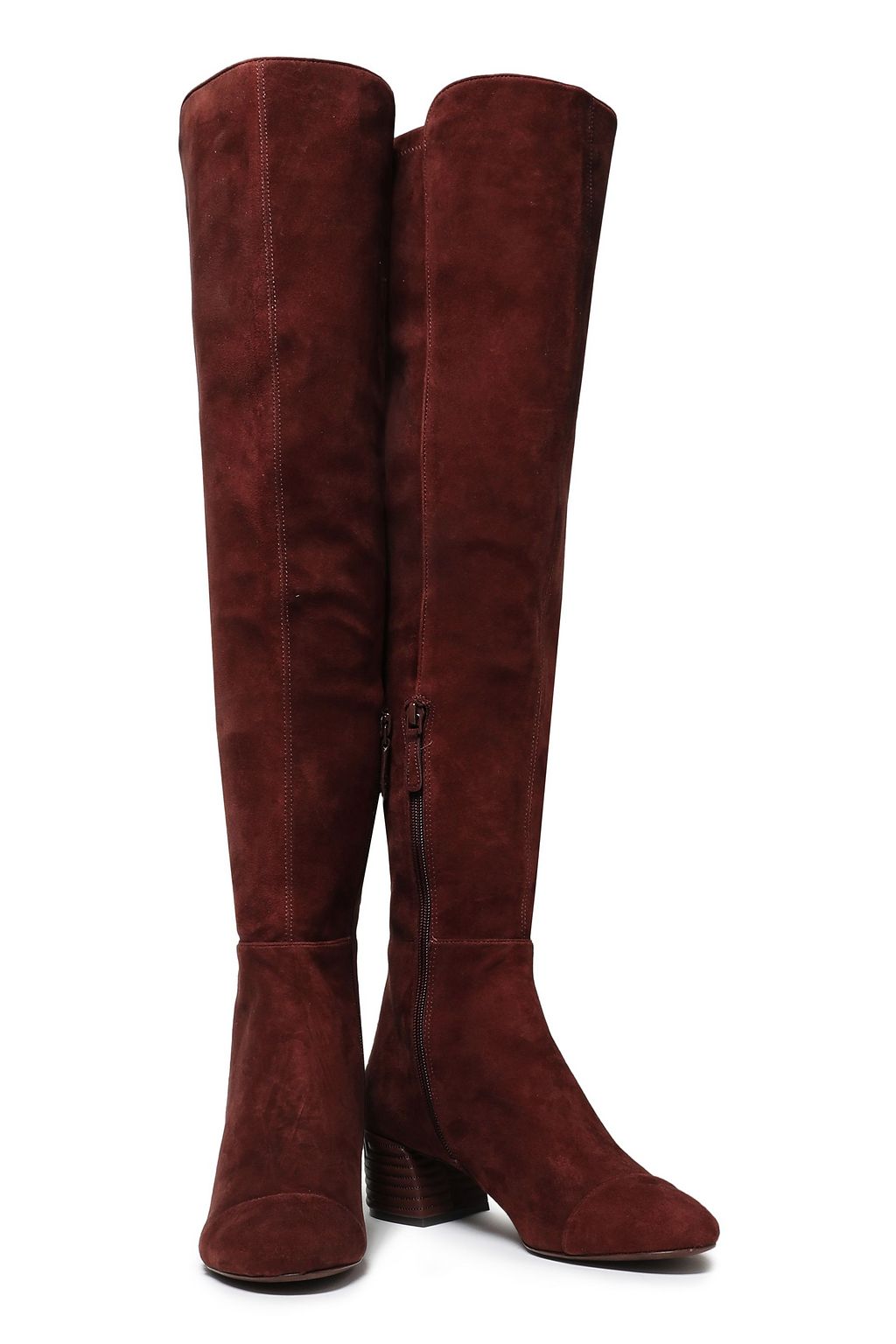 TORY BURCH Embroidered leather-paneled stretch-suede over-the-knee boots