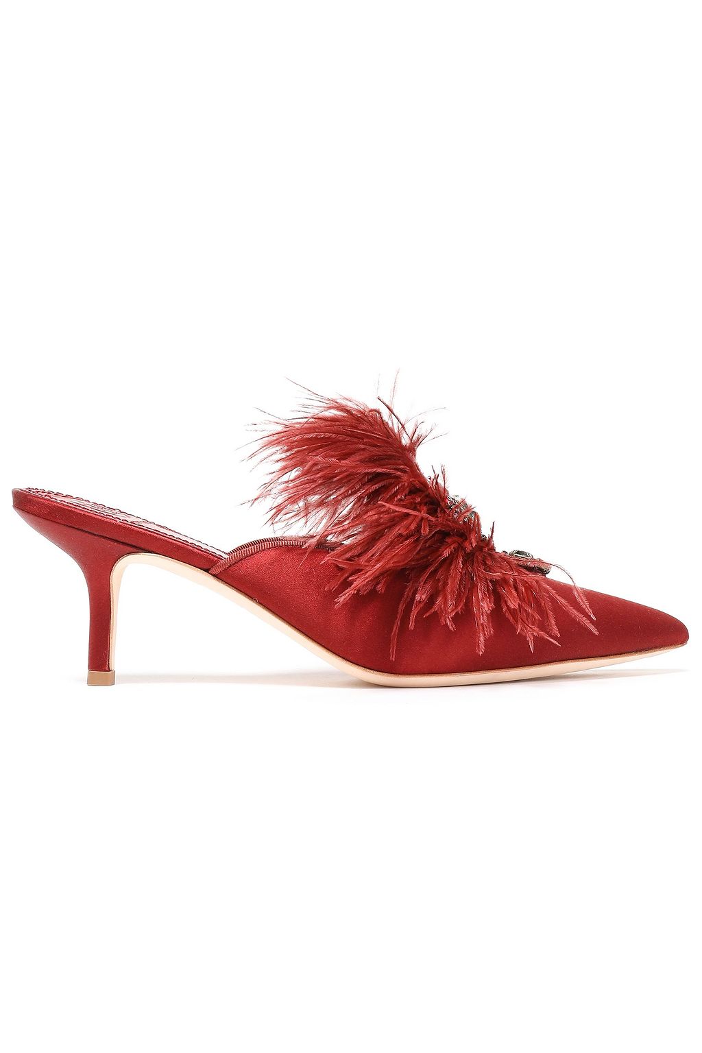 Embellished feather trimmed satin mules