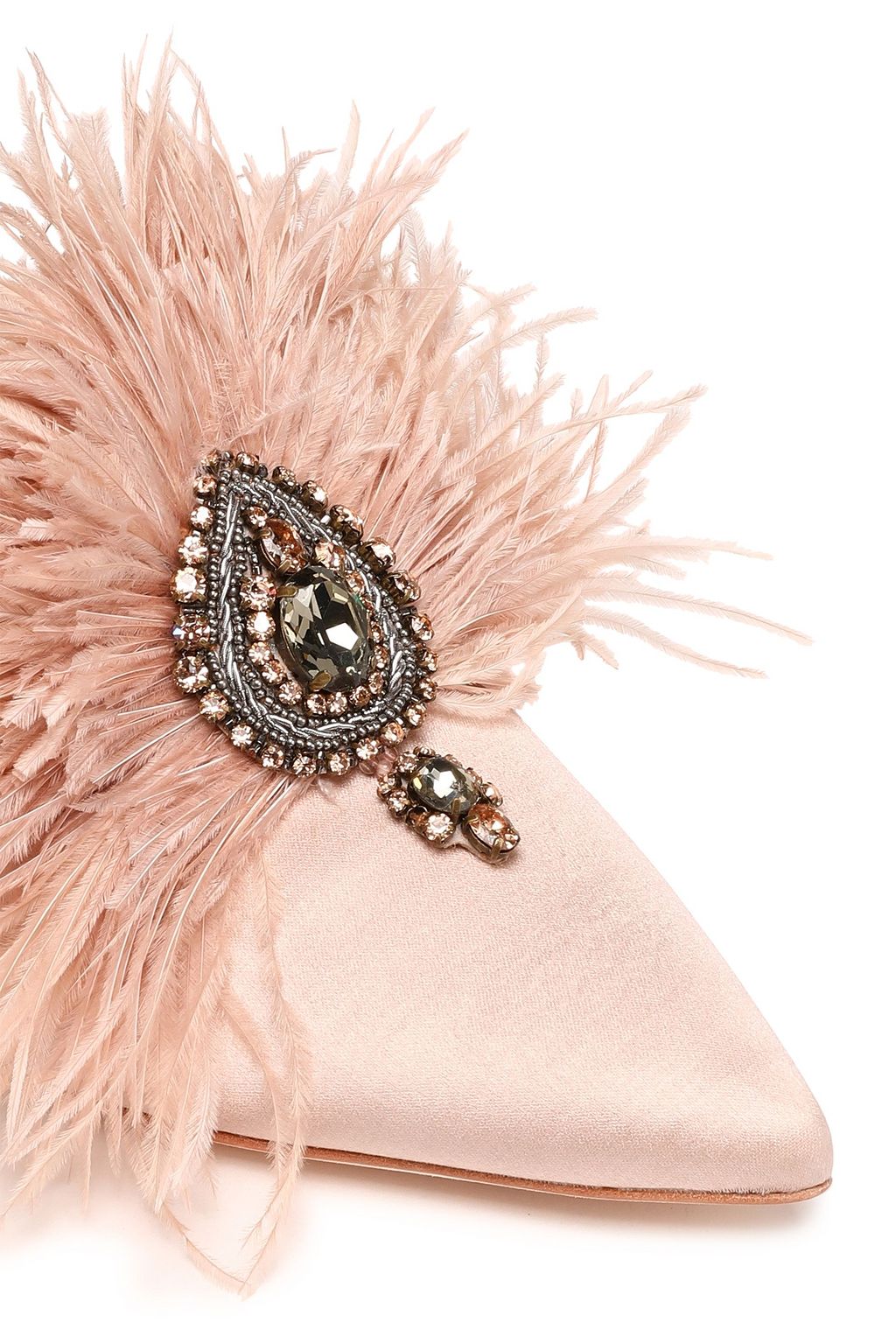 TORY BURCH Embellished feather-trimmed satin mules