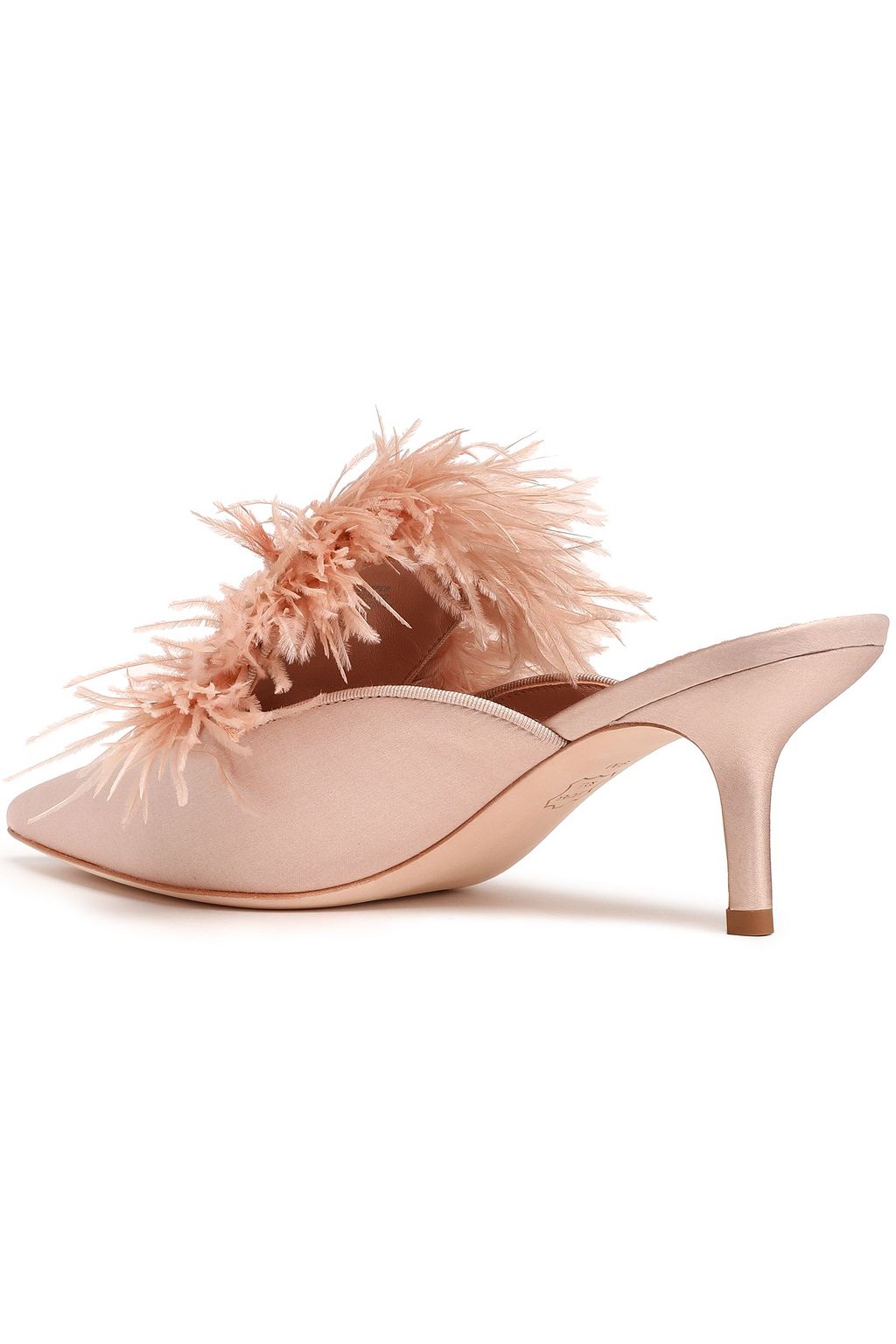 TORY BURCH Embellished feather-trimmed satin mules
