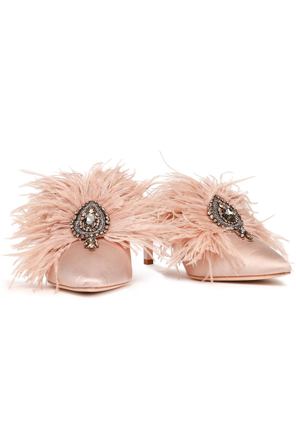 TORY BURCH Embellished feather-trimmed satin mules
